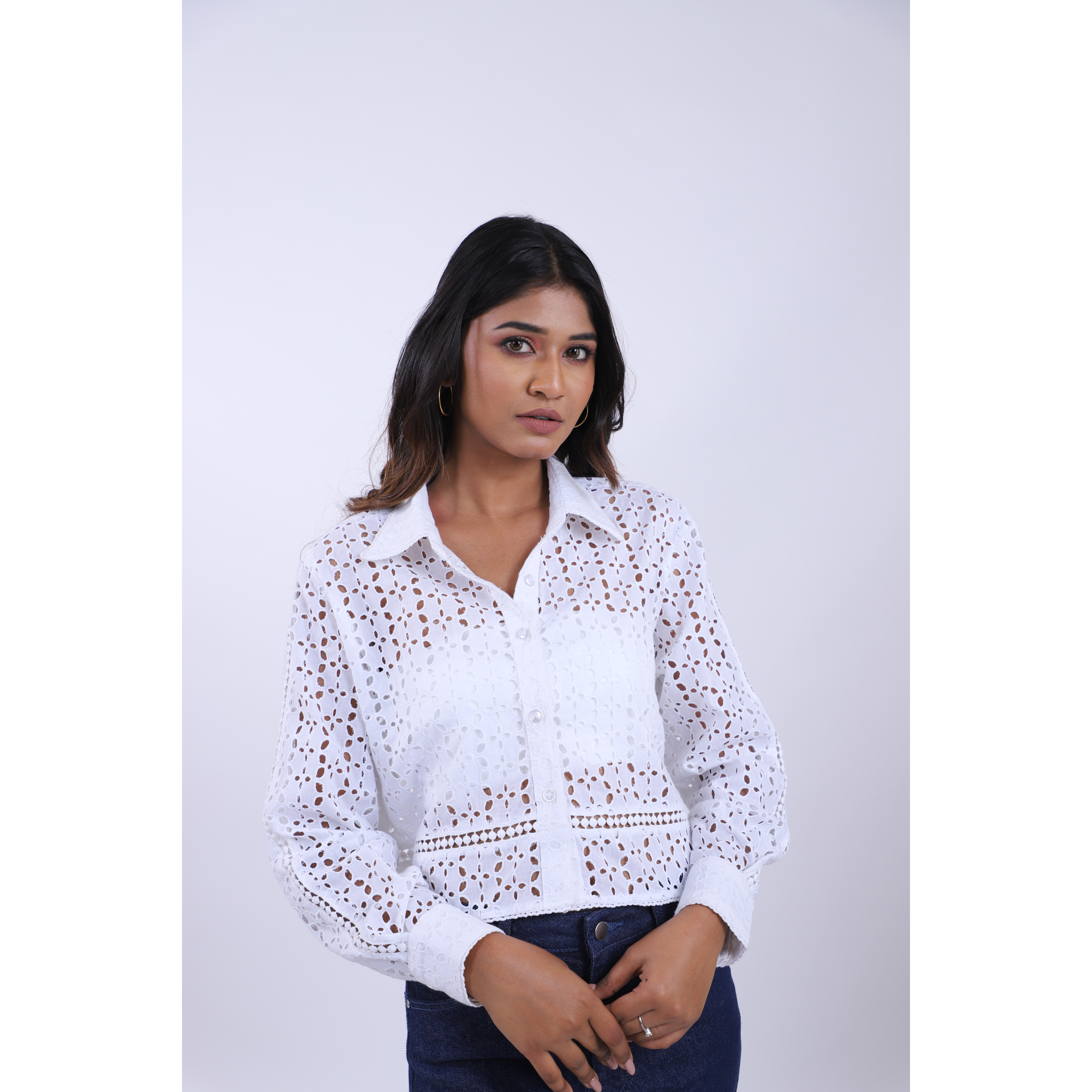 White Self Design Schiffli Cotton Casual Shirt