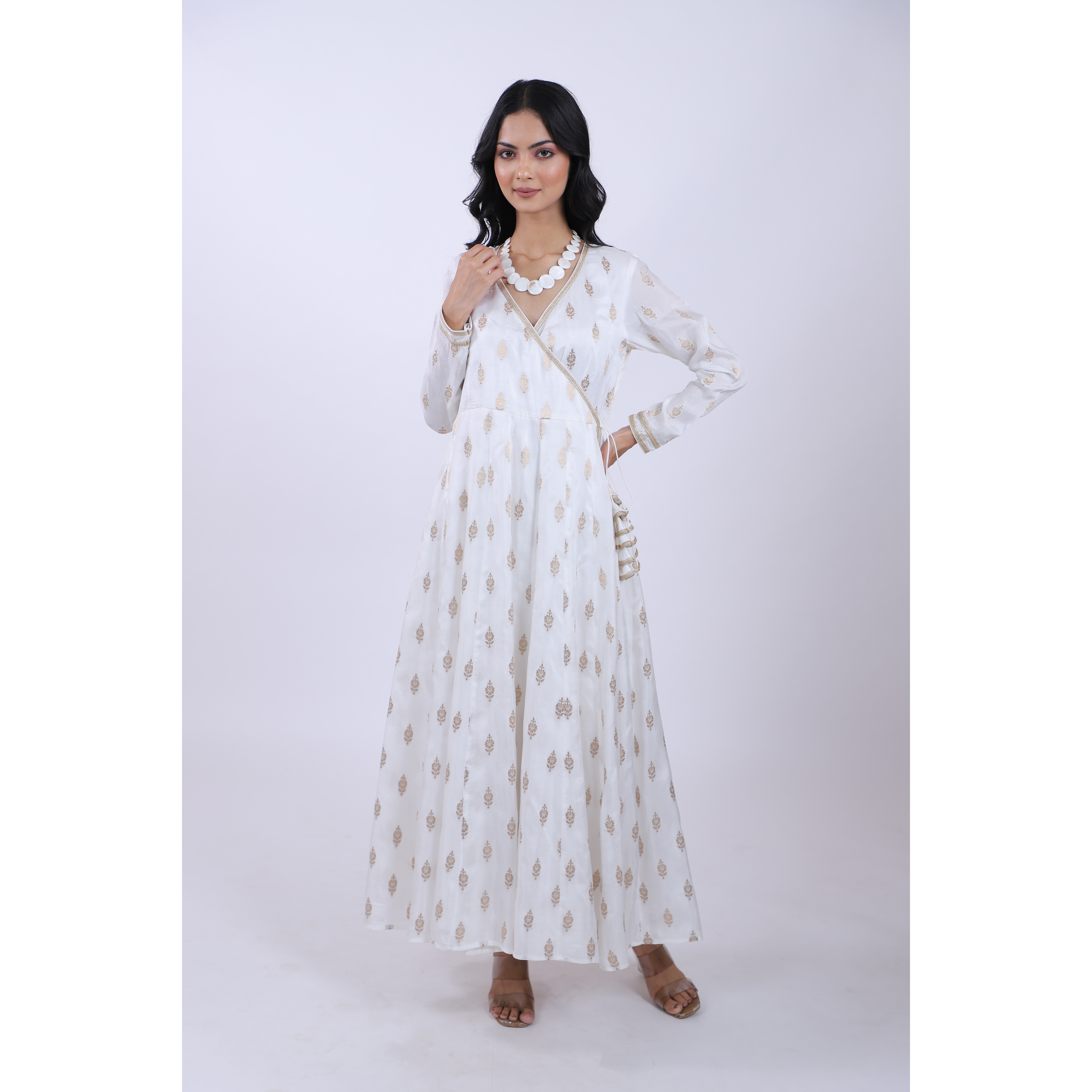 Stunningly Beautiful White & Gold-Toned Ethnic Motifs Printed Angrakha Styled Flared Anarkali