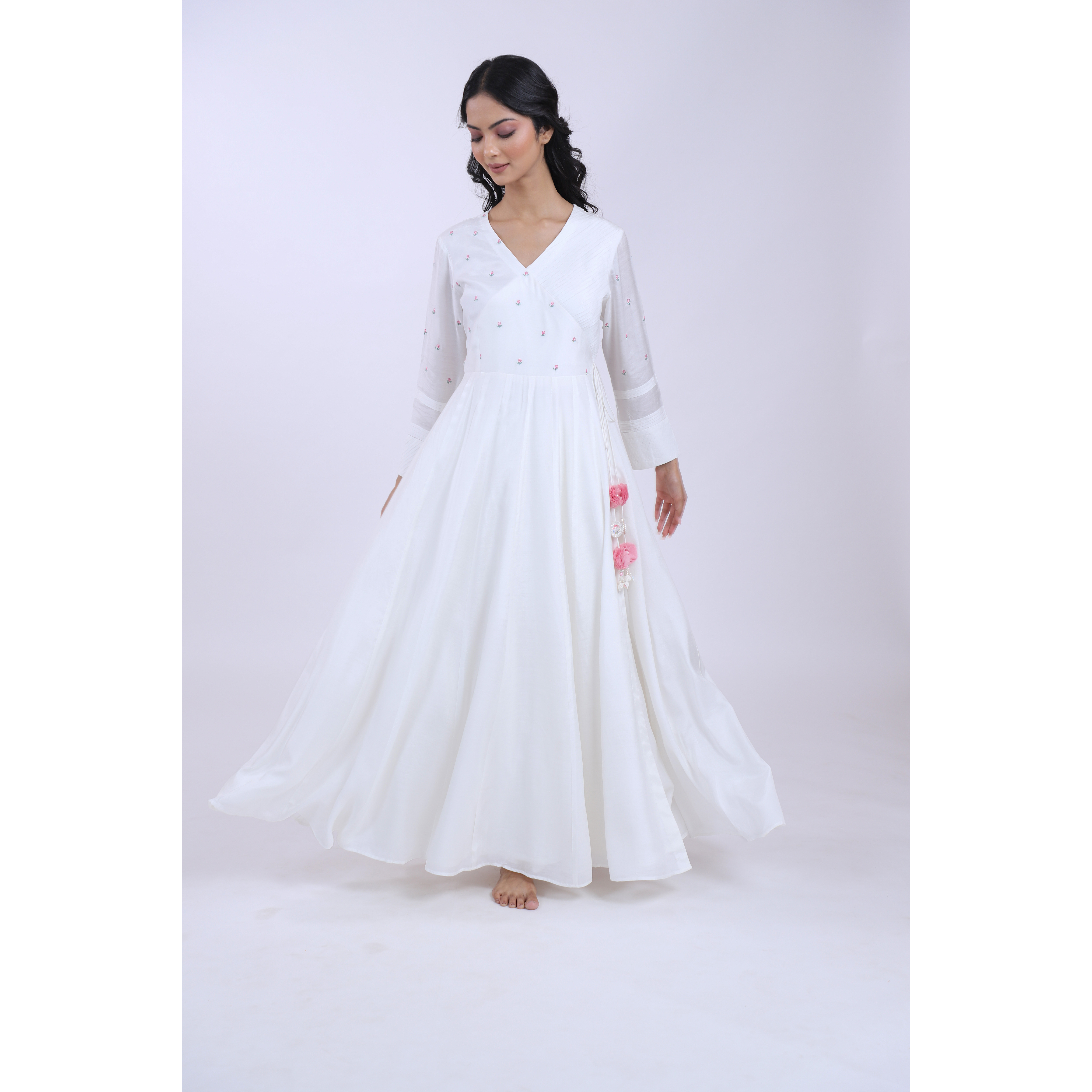 White Muslin Choli Pattern Angrakha With Pink Tassles