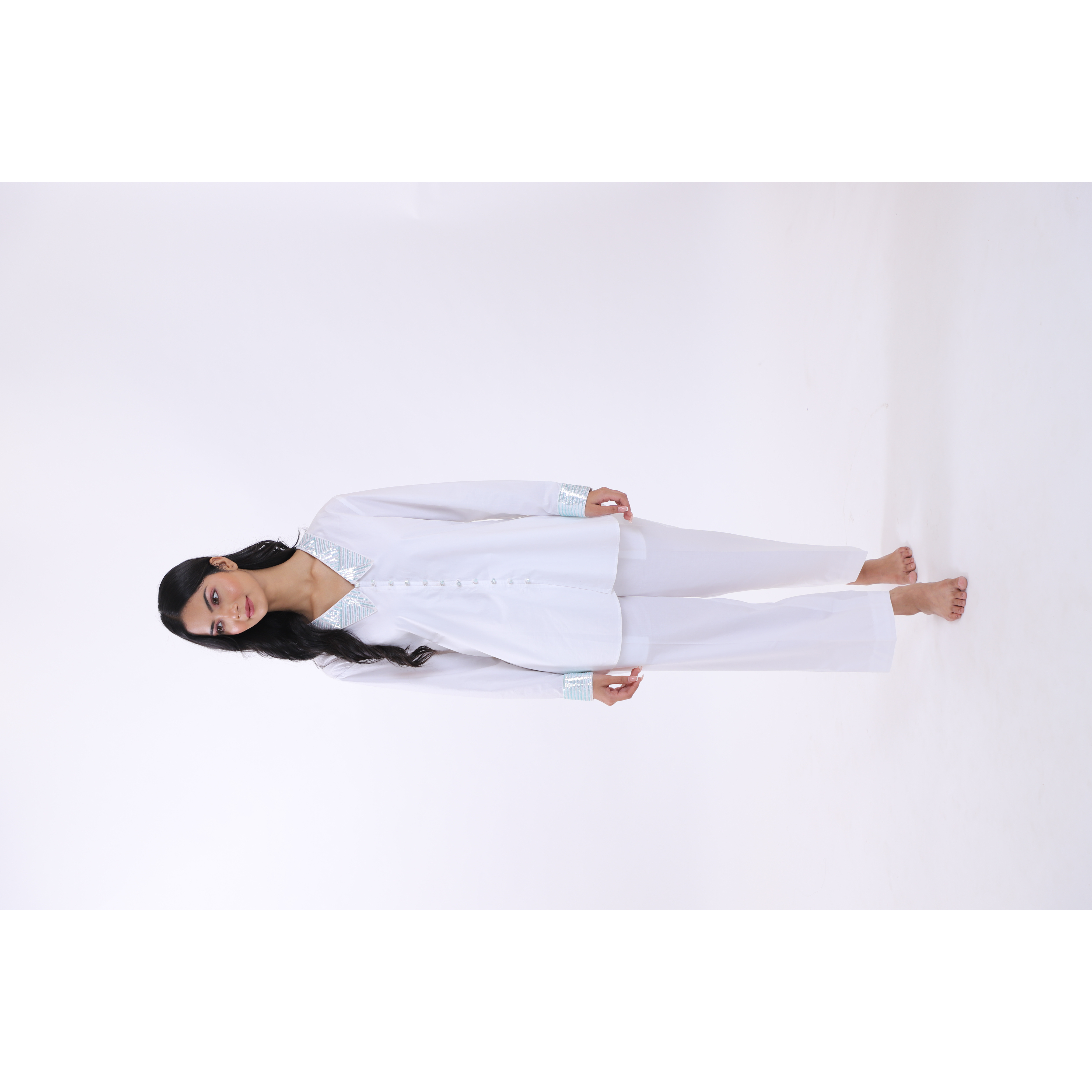White Co-ord Set with Blue and White Sequence Hand Embroidered on Collar and Cuff