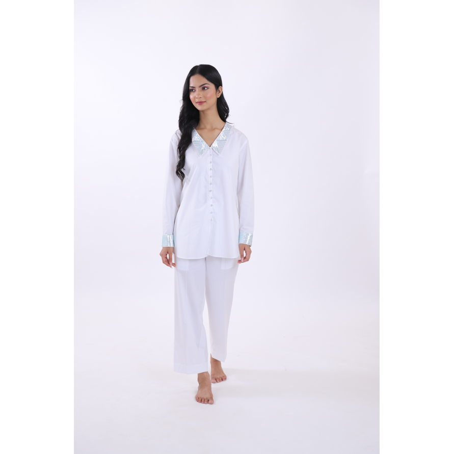 White Co-ord Set with Blue and White Sequence Hand Embroidered on Collar and Cuff