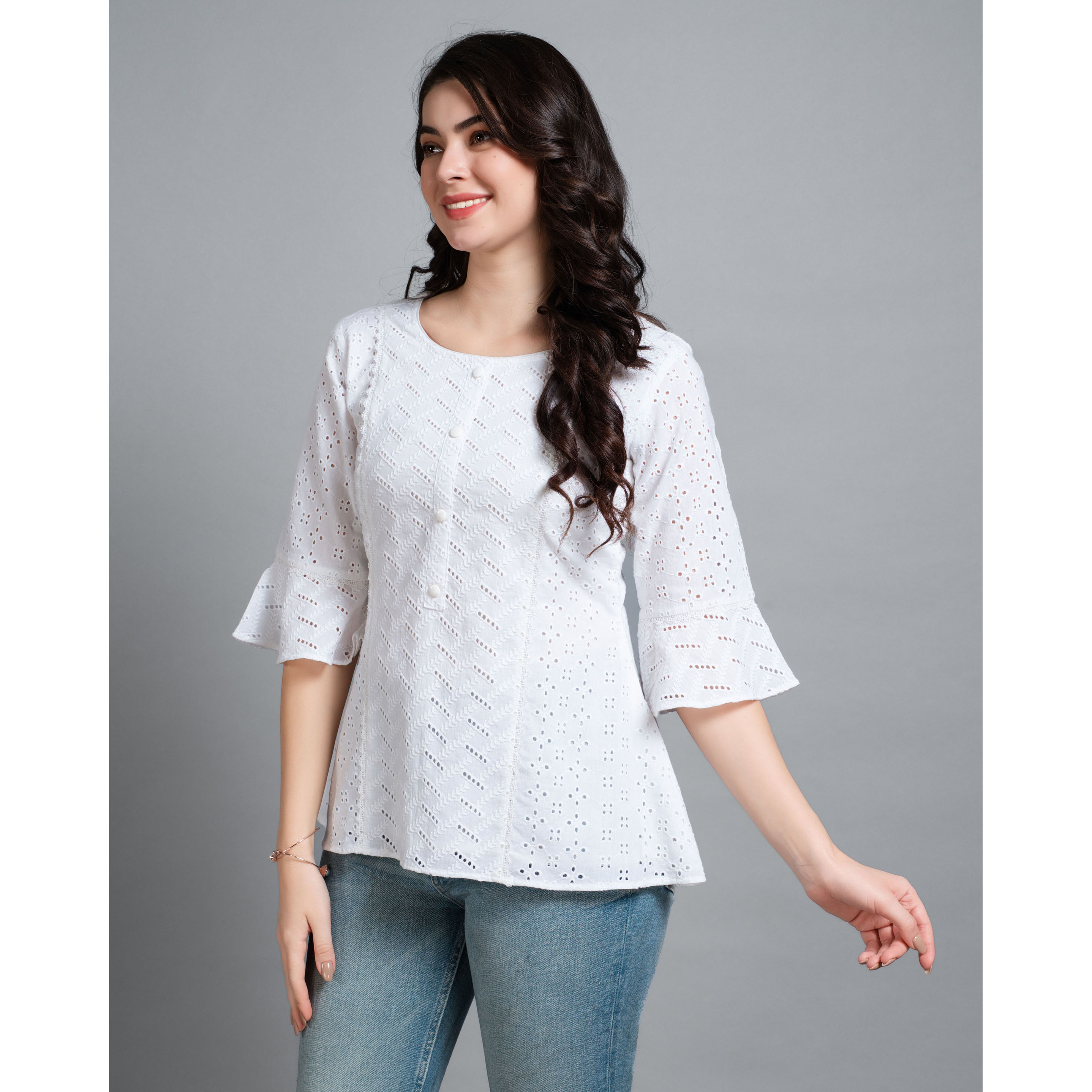 MOJILAA Women's White Pure Cotton Blend Bored Schiffli Embroidered A-line Top (Size S, Color White)