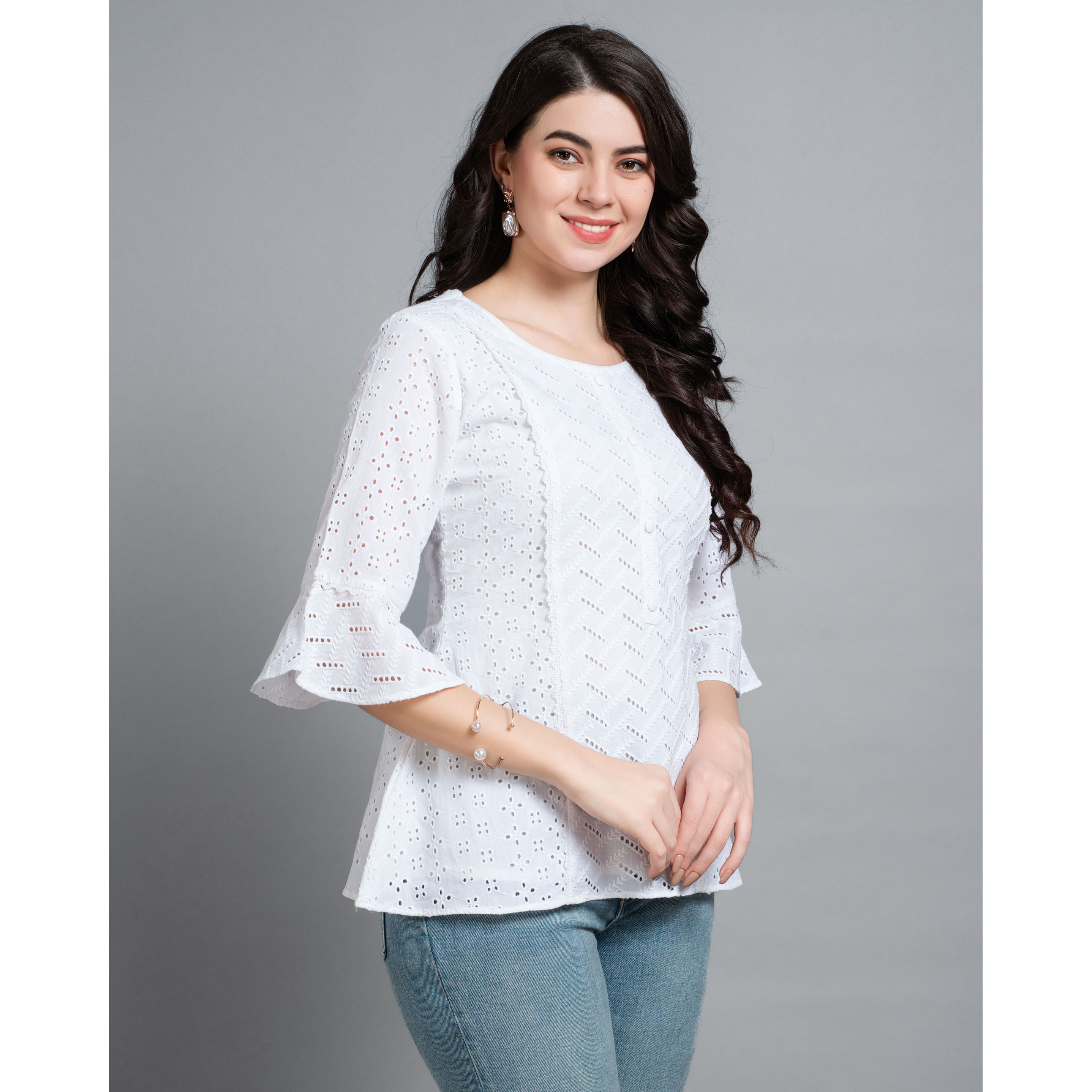 MOJILAA Women's White Pure Cotton Blend Bored Schiffli Embroidered A-line Top (Size S, Color White)