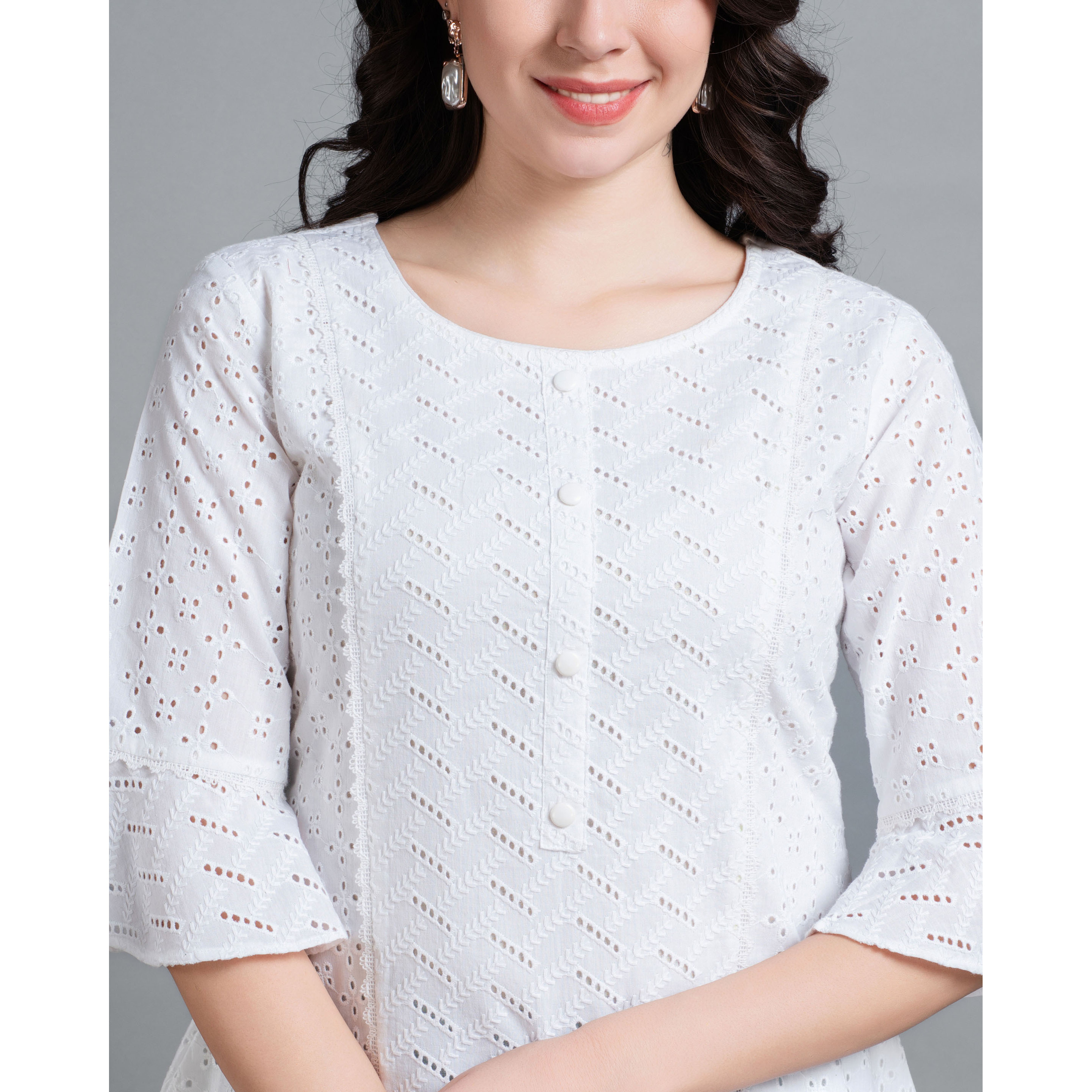 MOJILAA Women's White Pure Cotton Blend Bored Schiffli Embroidered A-line Top (Size S, Color White)