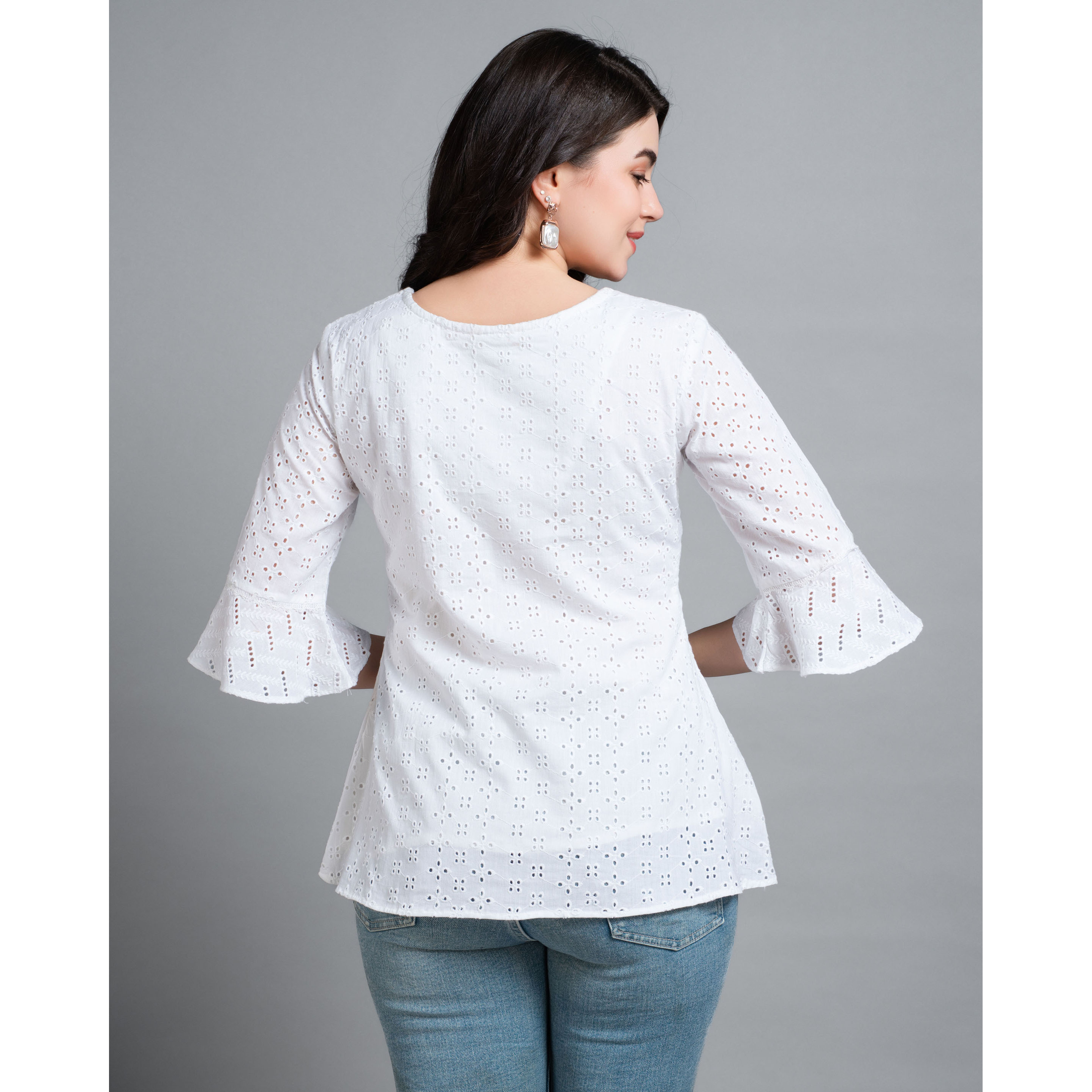 MOJILAA Women's White Pure Cotton Blend Bored Schiffli Embroidered A-line Top