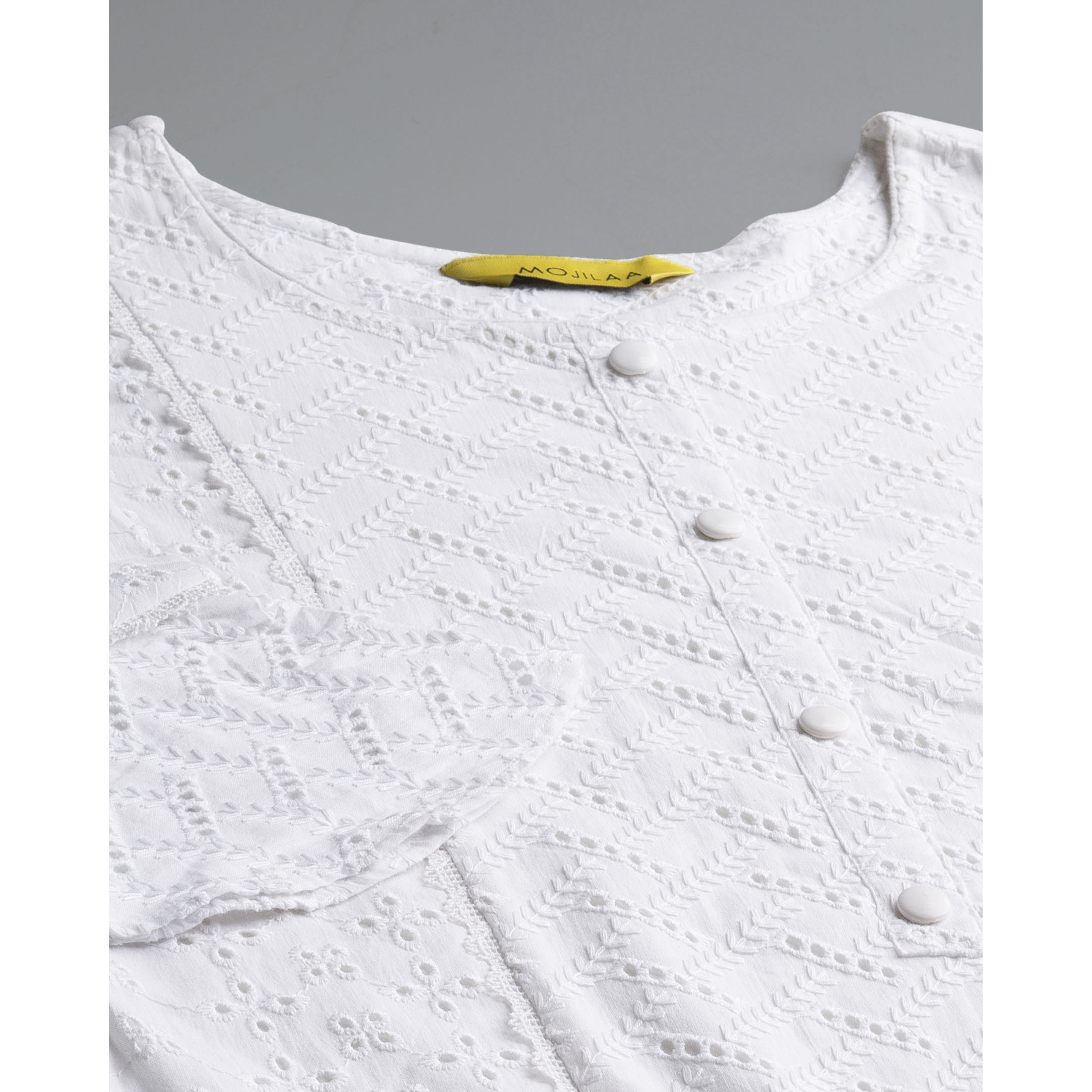 MOJILAA Women's White Pure Cotton Blend Bored Schiffli Embroidered A-line Top