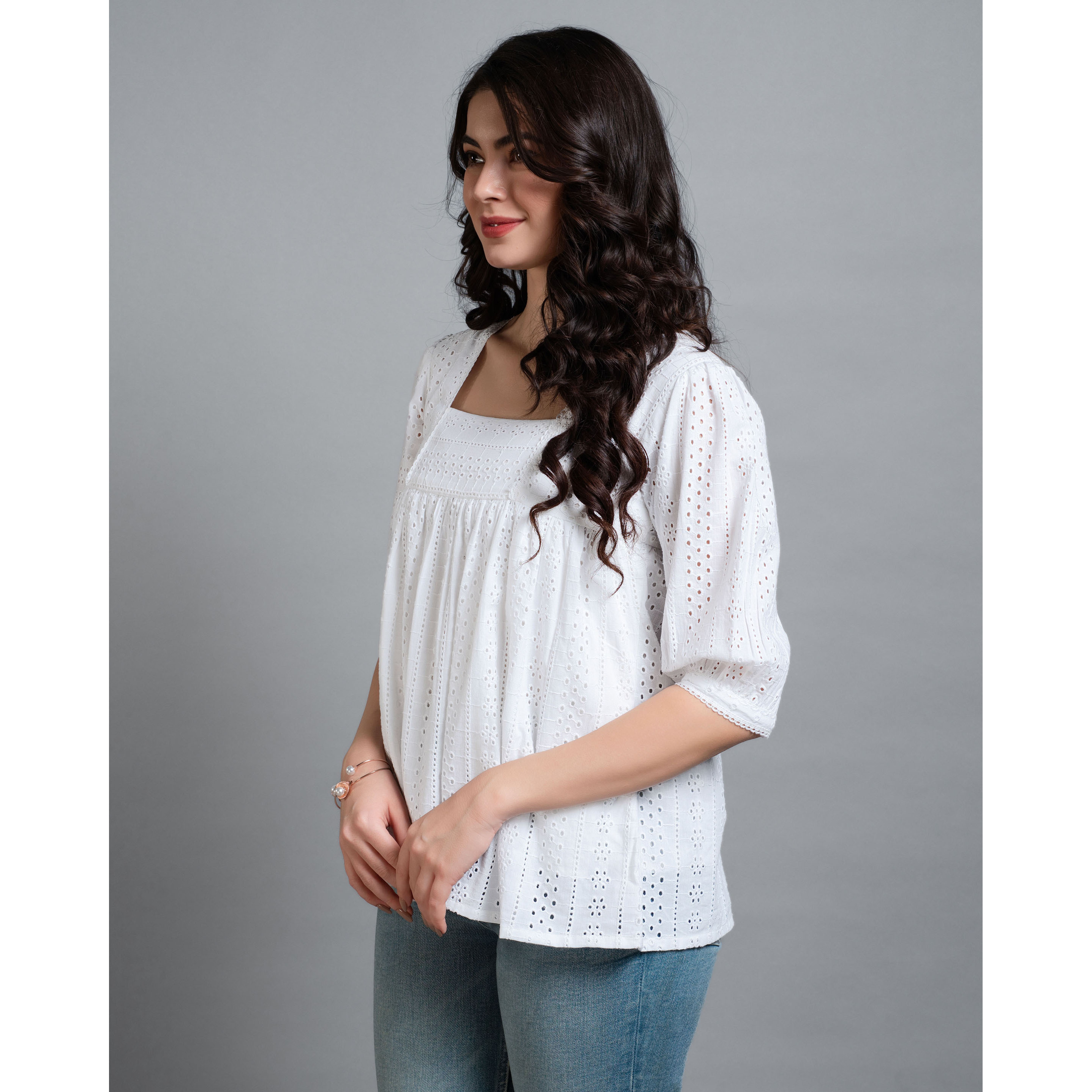 MOJILAA Women's White Pure Cotton Blend Bored Schiffli Embroidered Gathered or Pleated Top (Size S, Color White)