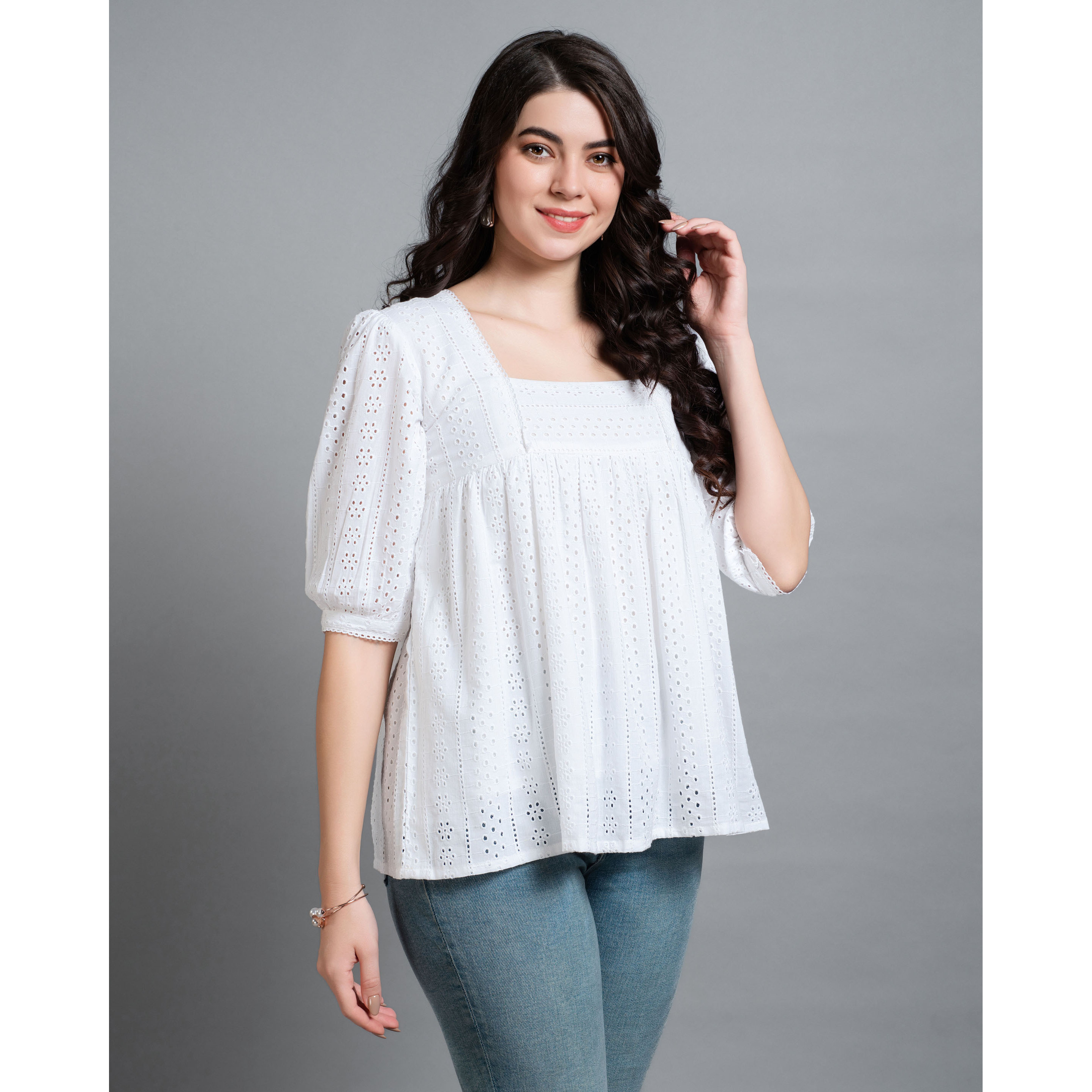 MOJILAA Women's White Pure Cotton Blend Bored Schiffli Embroidered Gathered or Pleated Top (Size S, Color White)