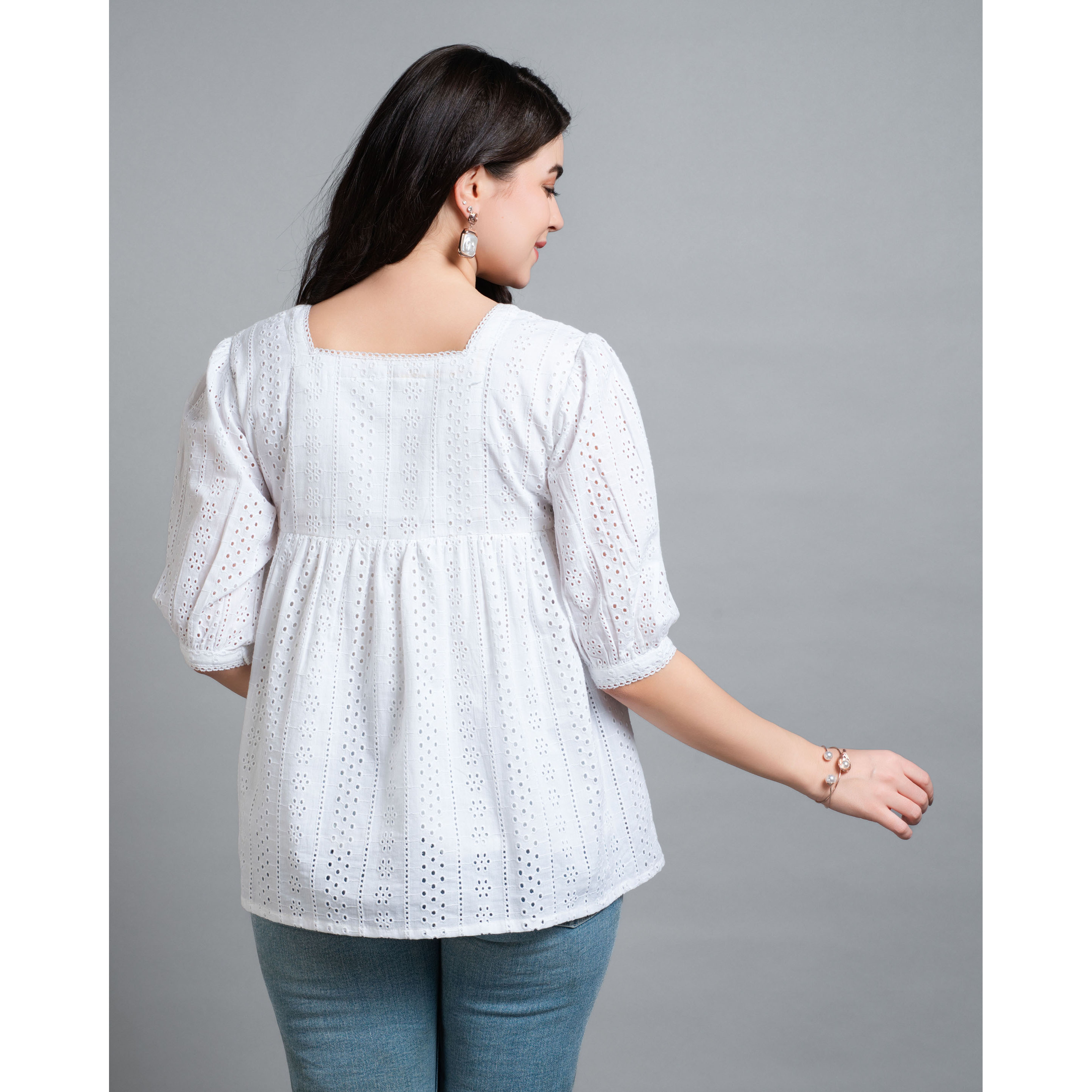 MOJILAA Women's White Pure Cotton Blend Bored Schiffli Embroidered Gathered or Pleated Top (Size S, Color White)