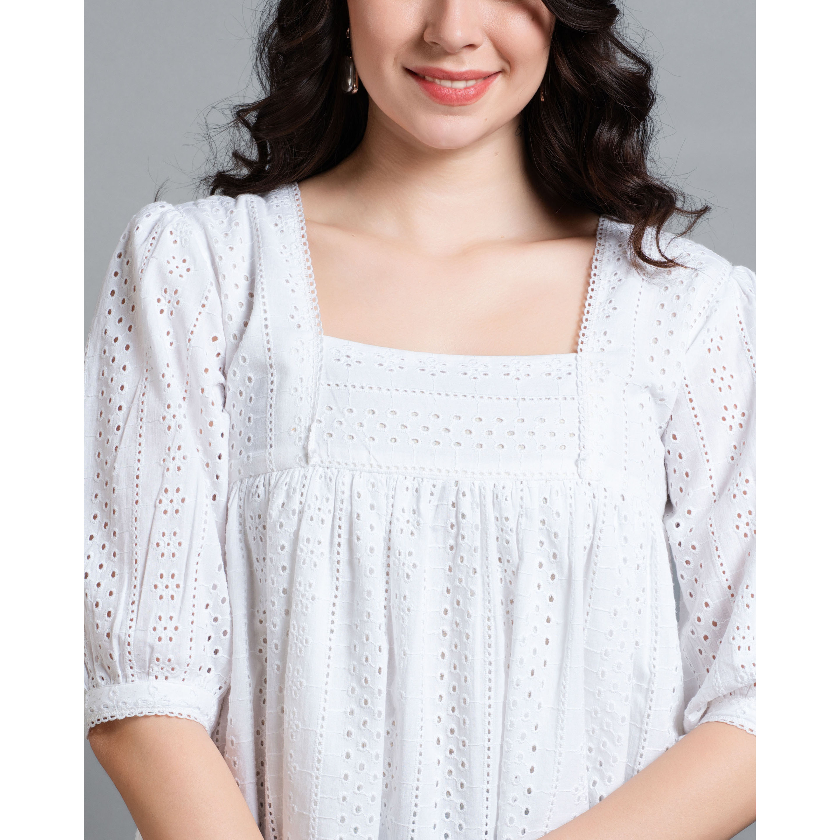 MOJILAA Women's White Pure Cotton Blend Bored Schiffli Embroidered Gathered or Pleated Top (Size S, Color White)