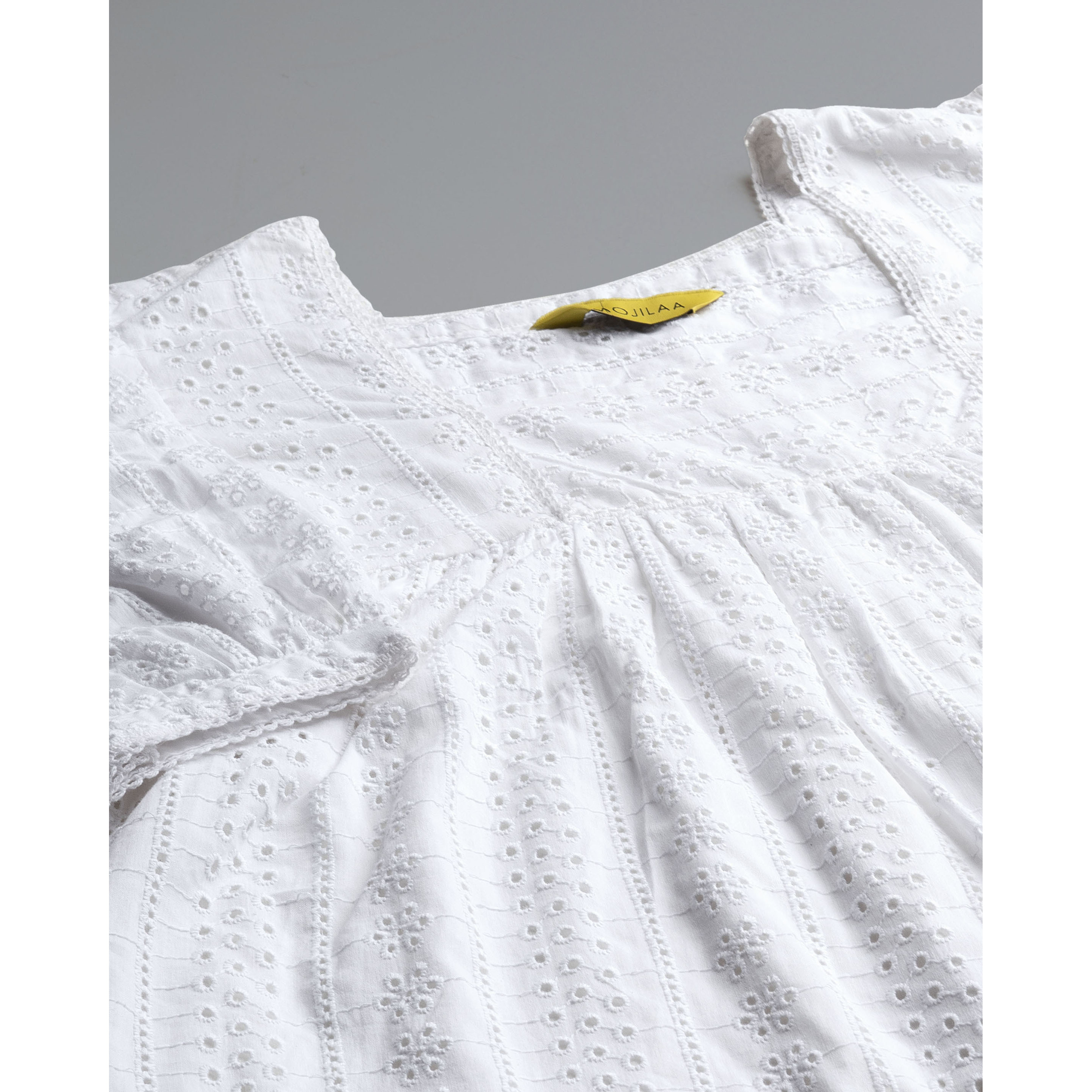 MOJILAA Women's White Pure Cotton Blend Bored Schiffli Embroidered Gathered or Pleated Top (Size S, Color White)