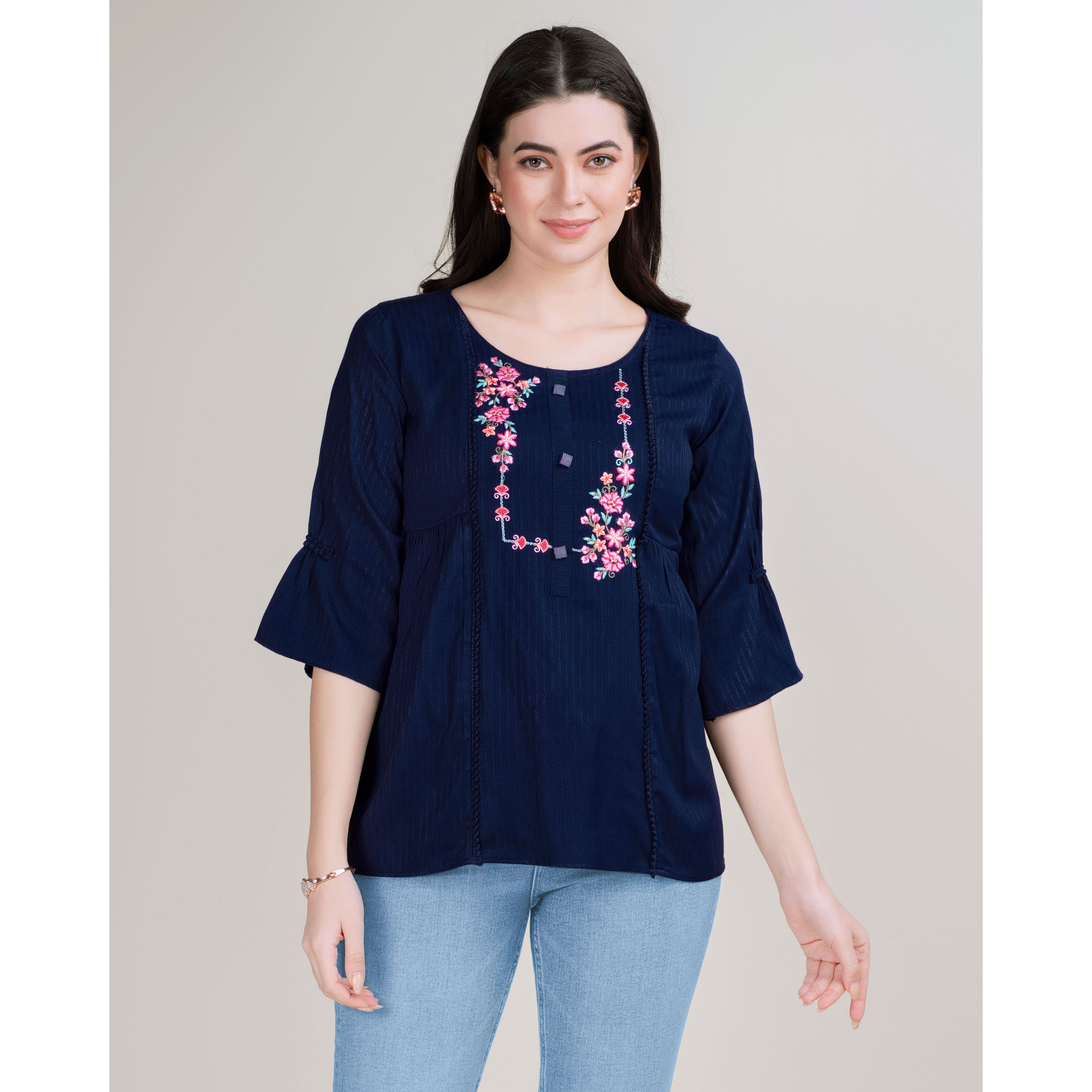 MOJILAA Women's Navy Blue Pure Viscose Rayon Floral Embroidered A-line Top