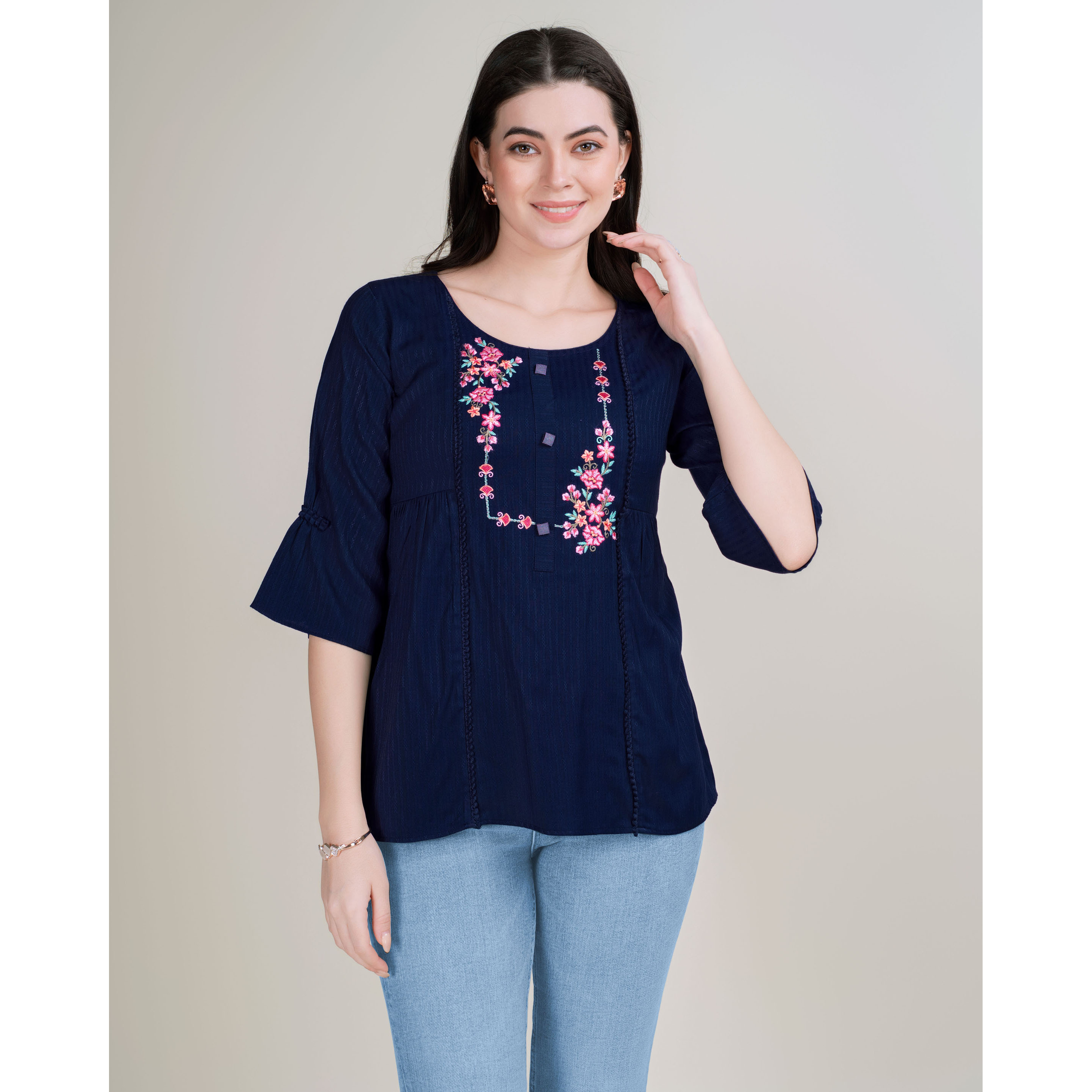 MOJILAA Women's Navy Blue Pure Viscose Rayon Floral Embroidered A-line Top (Size S, Color Navy Blue)