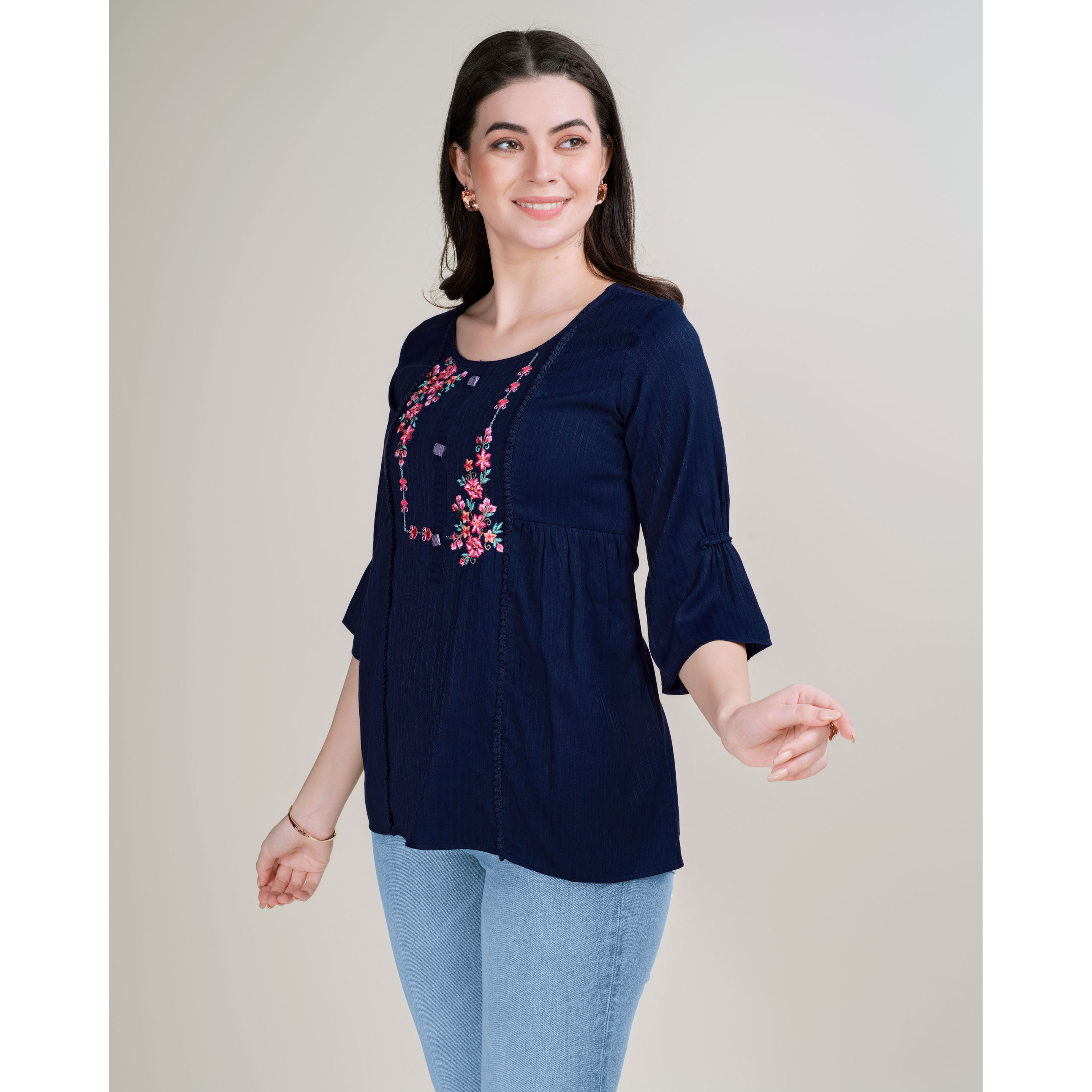 MOJILAA Women's Navy Blue Pure Viscose Rayon Floral Embroidered A-line Top (Size S, Color Navy Blue)