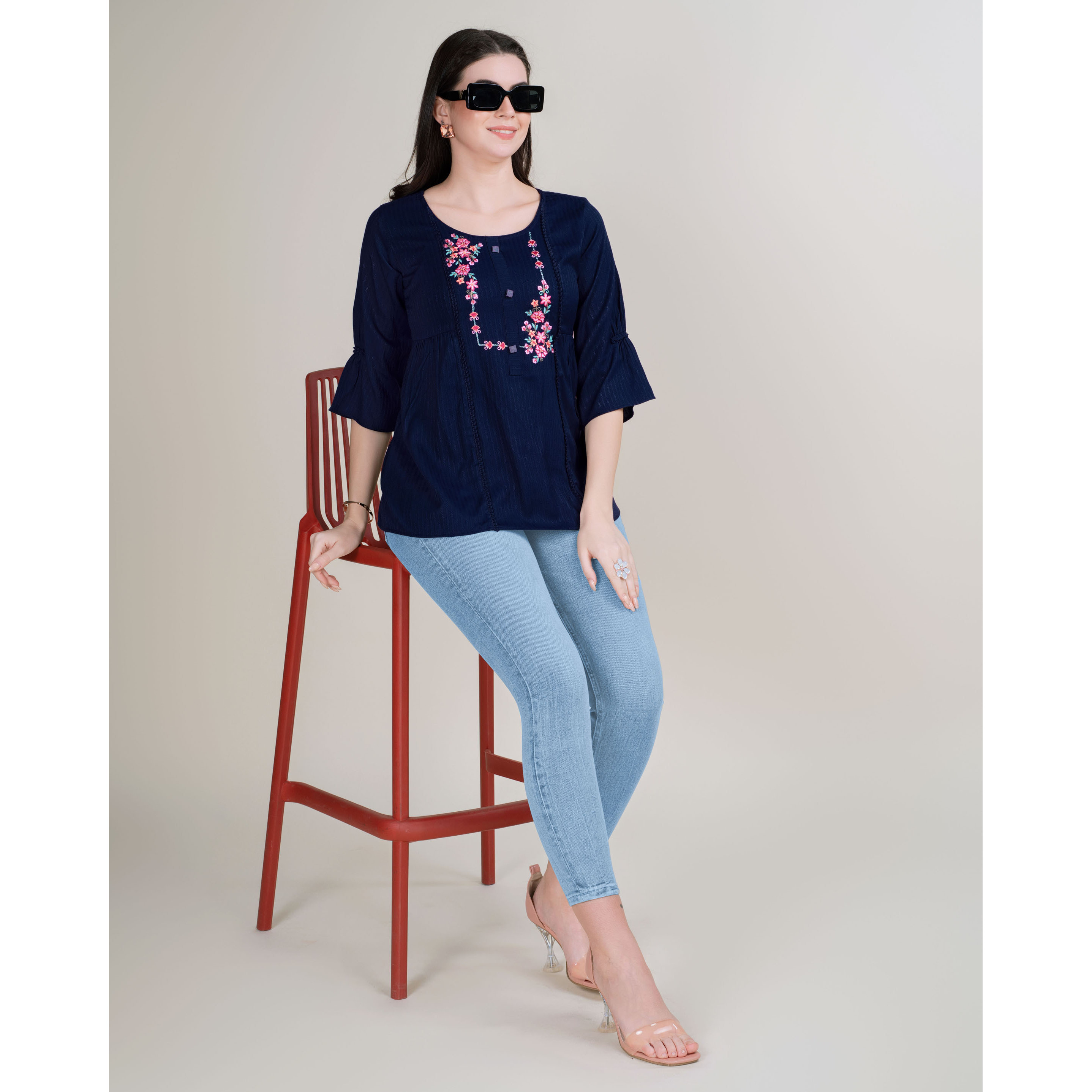 MOJILAA Women's Navy Blue Pure Viscose Rayon Floral Embroidered A-line Top (Size S, Color Navy Blue)