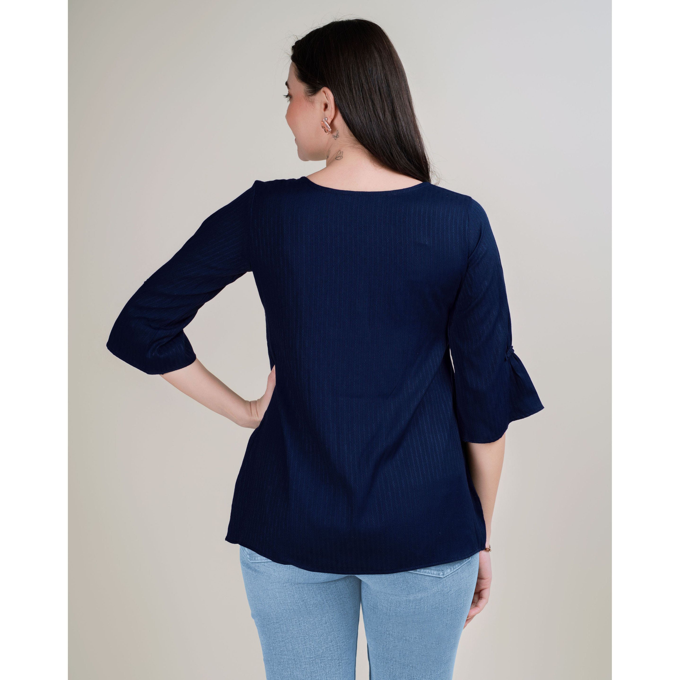 MOJILAA Women's Navy Blue Pure Viscose Rayon Floral Embroidered A-line Top (Size S, Color Navy Blue)