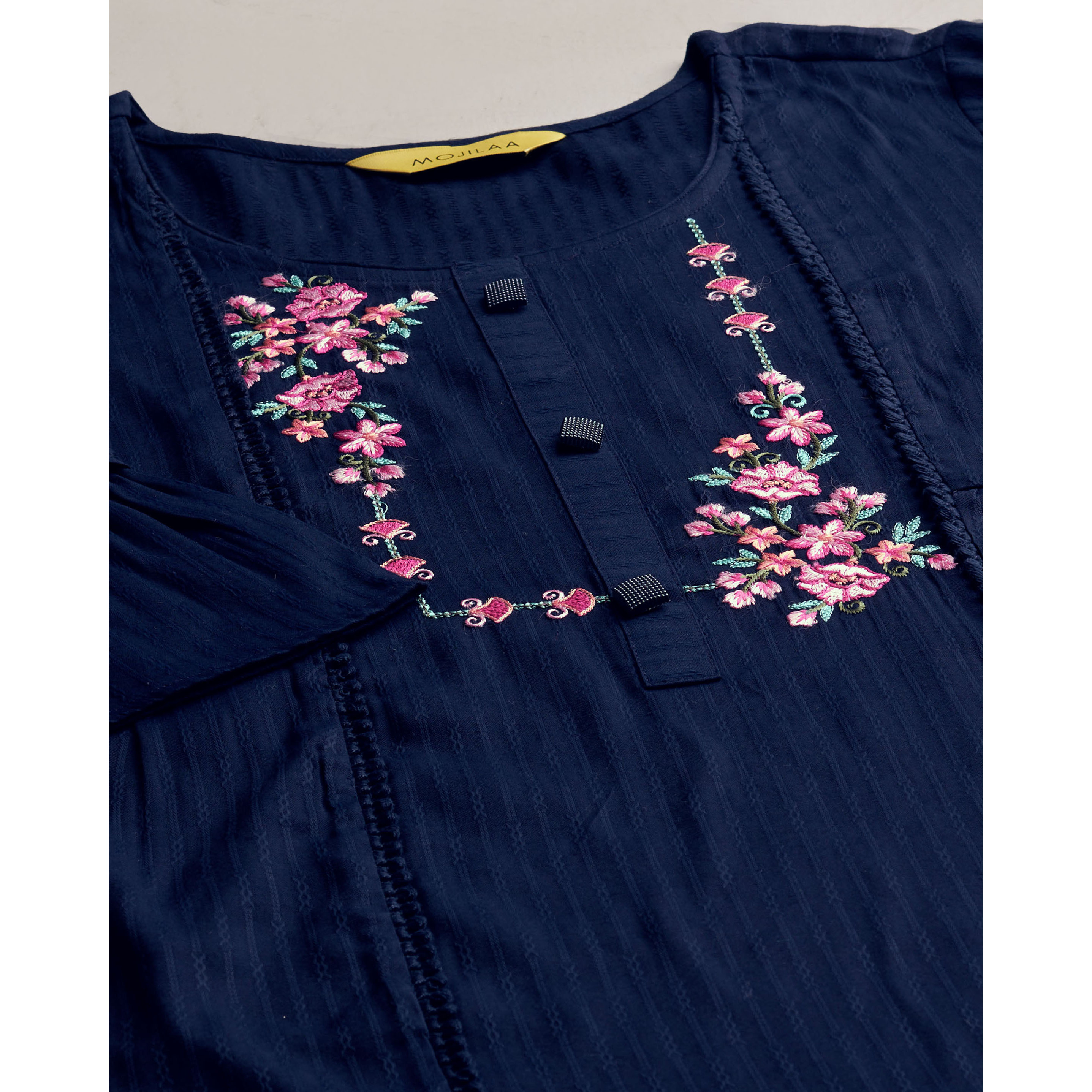 MOJILAA Women's Navy Blue Pure Viscose Rayon Floral Embroidered A-line Top (Size S, Color Navy Blue)