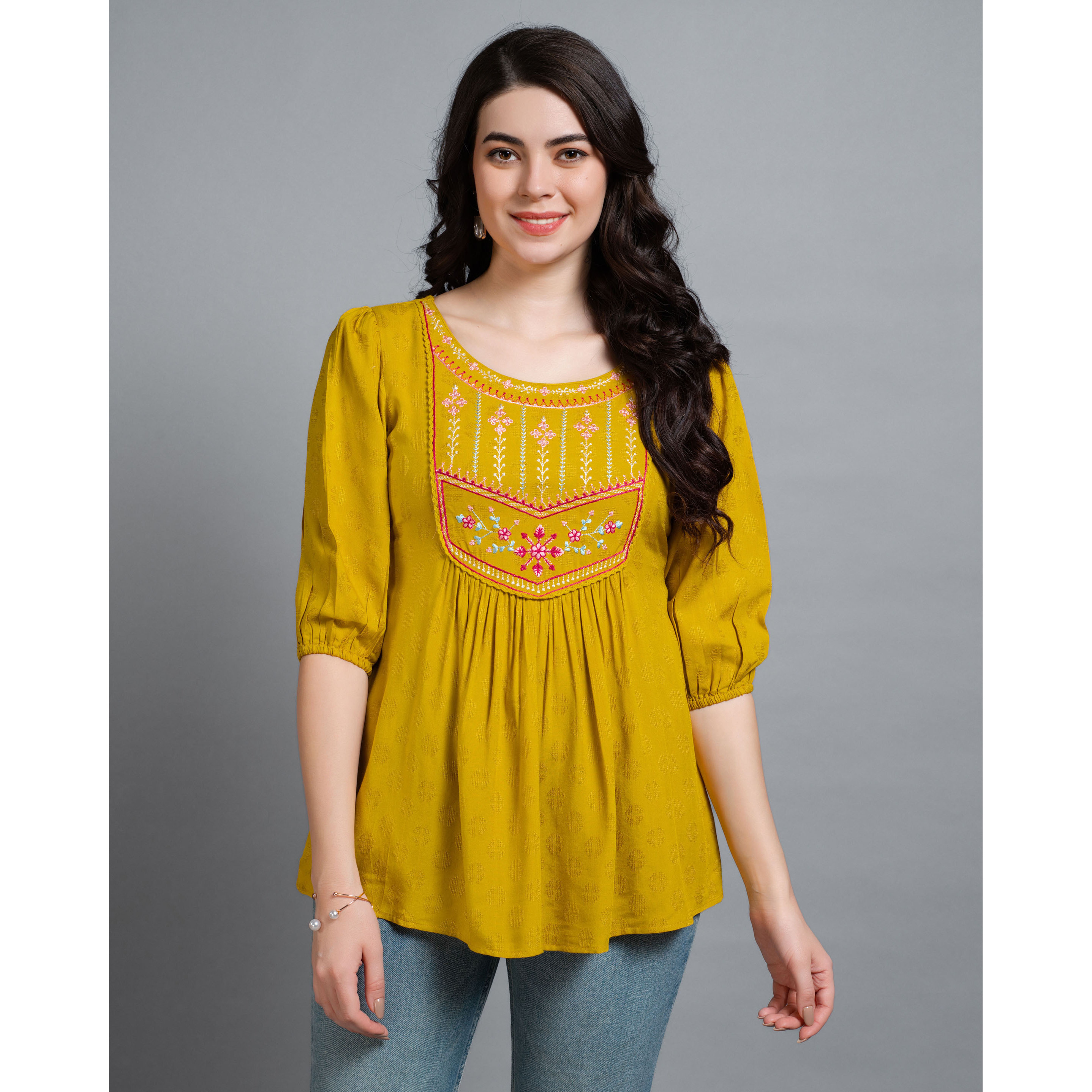 MOJILAA Women's Mustard Pure Viscose Rayon Floral Embroidered A-line Top