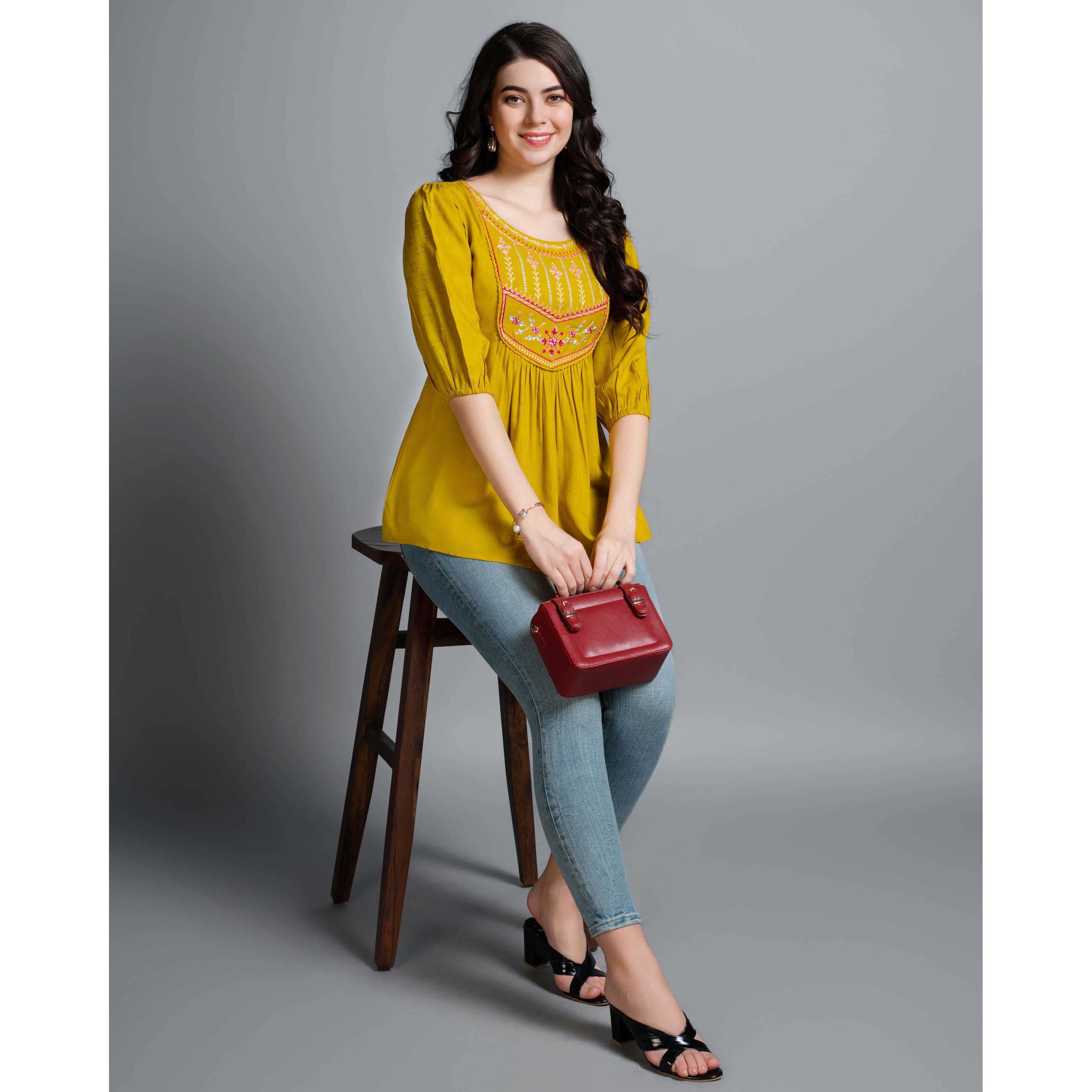 MOJILAA Women's Mustard Pure Viscose Rayon Floral Embroidered A-line Top (Size S, Color Mustard)