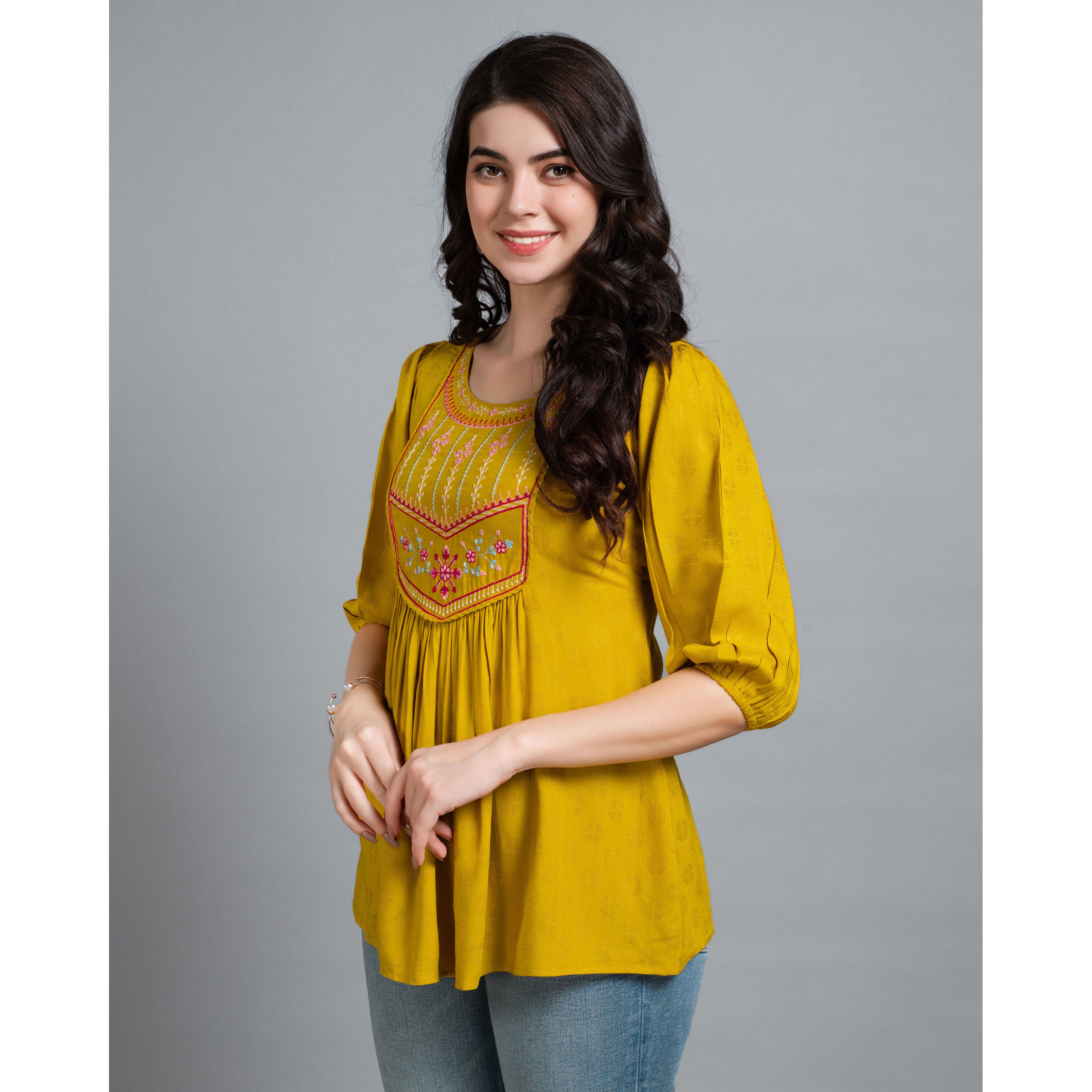 MOJILAA Women's Mustard Pure Viscose Rayon Floral Embroidered A-line Top (Size S, Color Mustard)