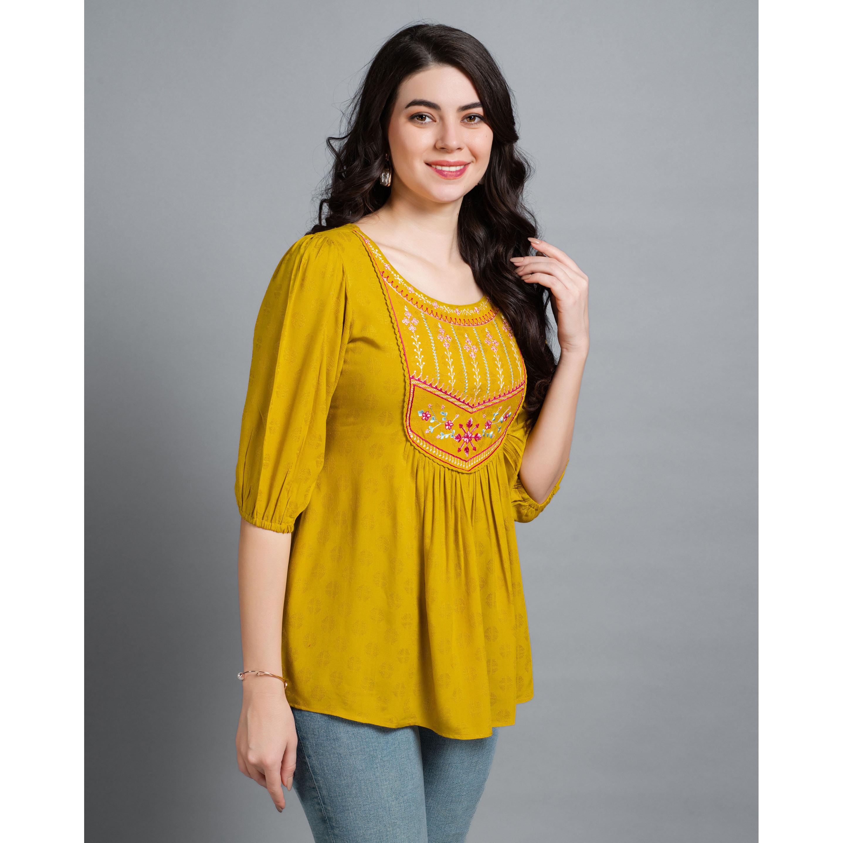MOJILAA Women's Mustard Pure Viscose Rayon Floral Embroidered A-line Top (Size S, Color Mustard)