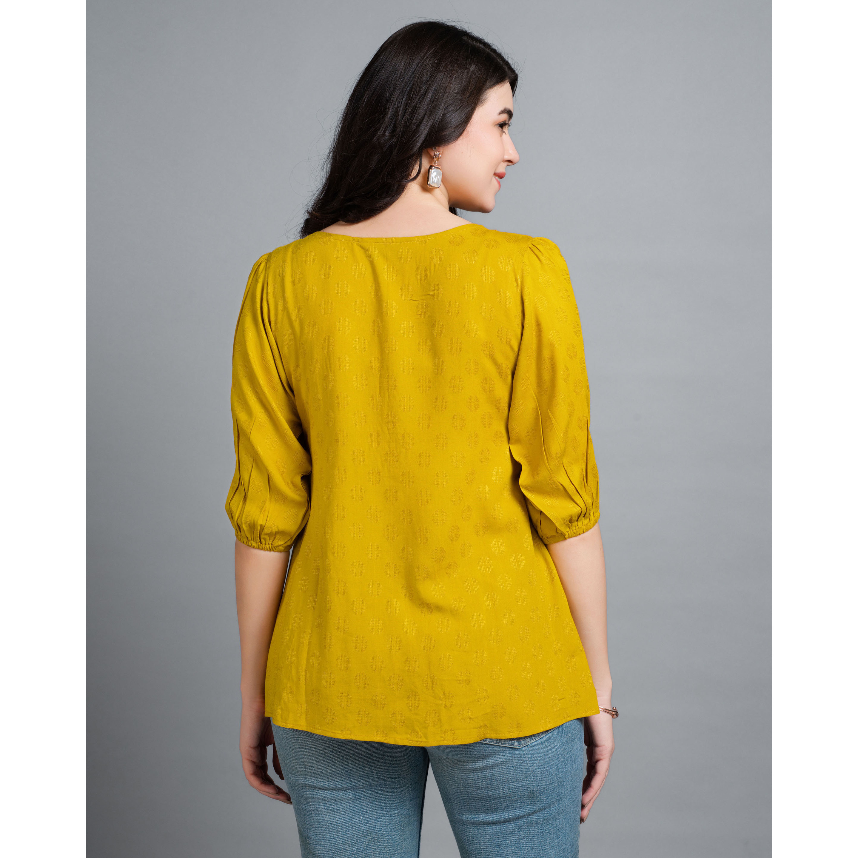 MOJILAA Women's Mustard Pure Viscose Rayon Floral Embroidered A-line Top (Size S, Color Mustard)
