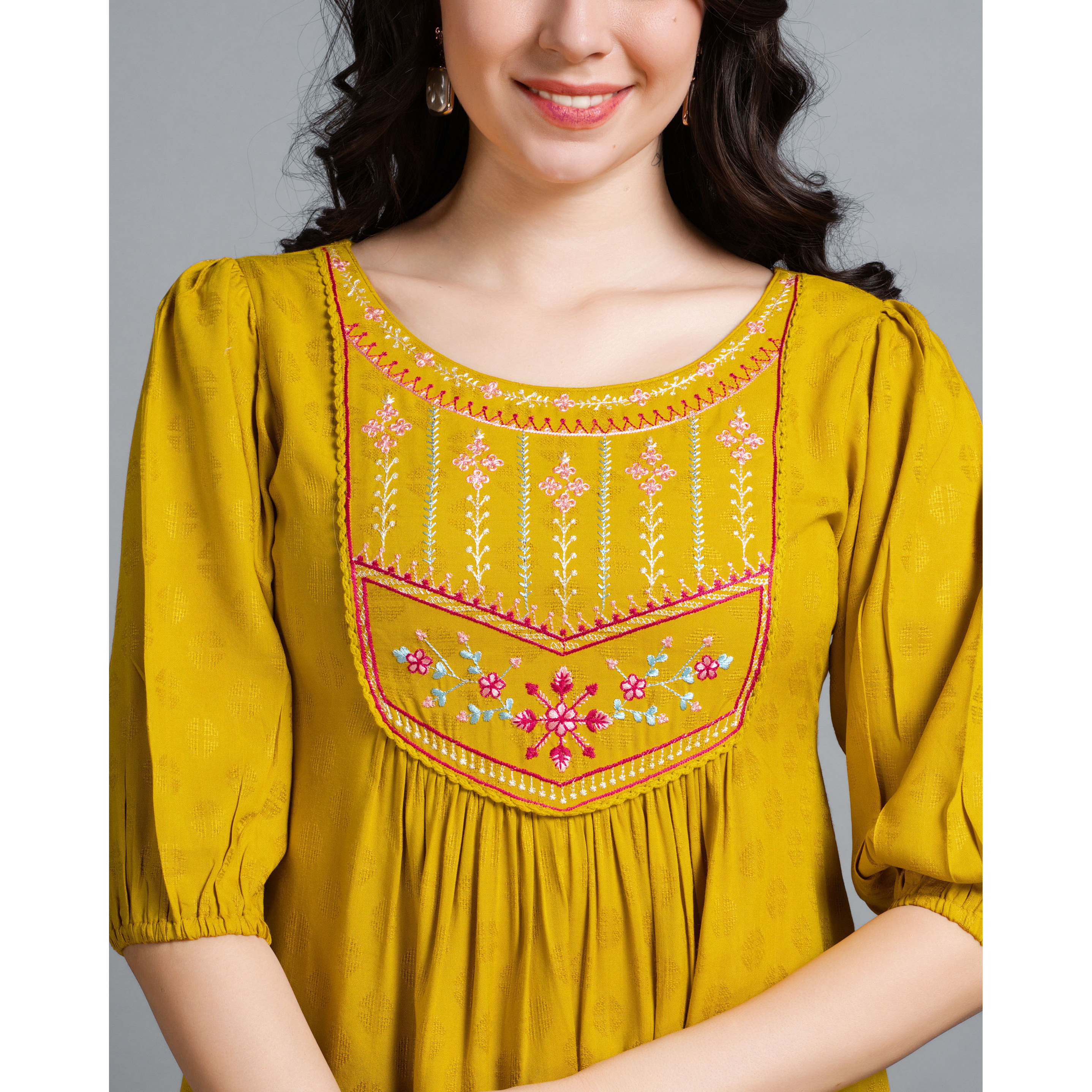 MOJILAA Women's Mustard Pure Viscose Rayon Floral Embroidered A-line Top (Size S, Color Mustard)