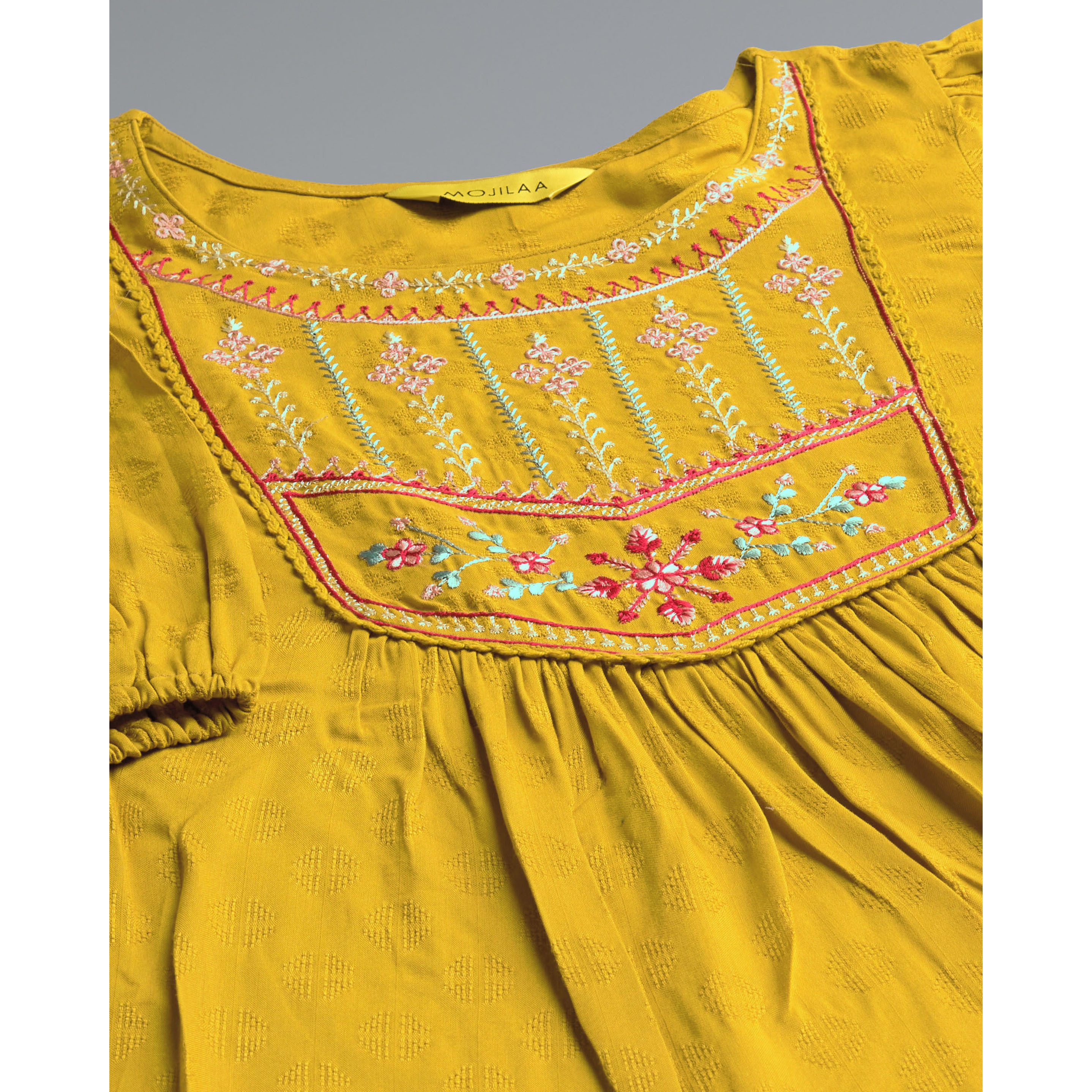 MOJILAA Women's Mustard Pure Viscose Rayon Floral Embroidered A-line Top (Size S, Color Mustard)