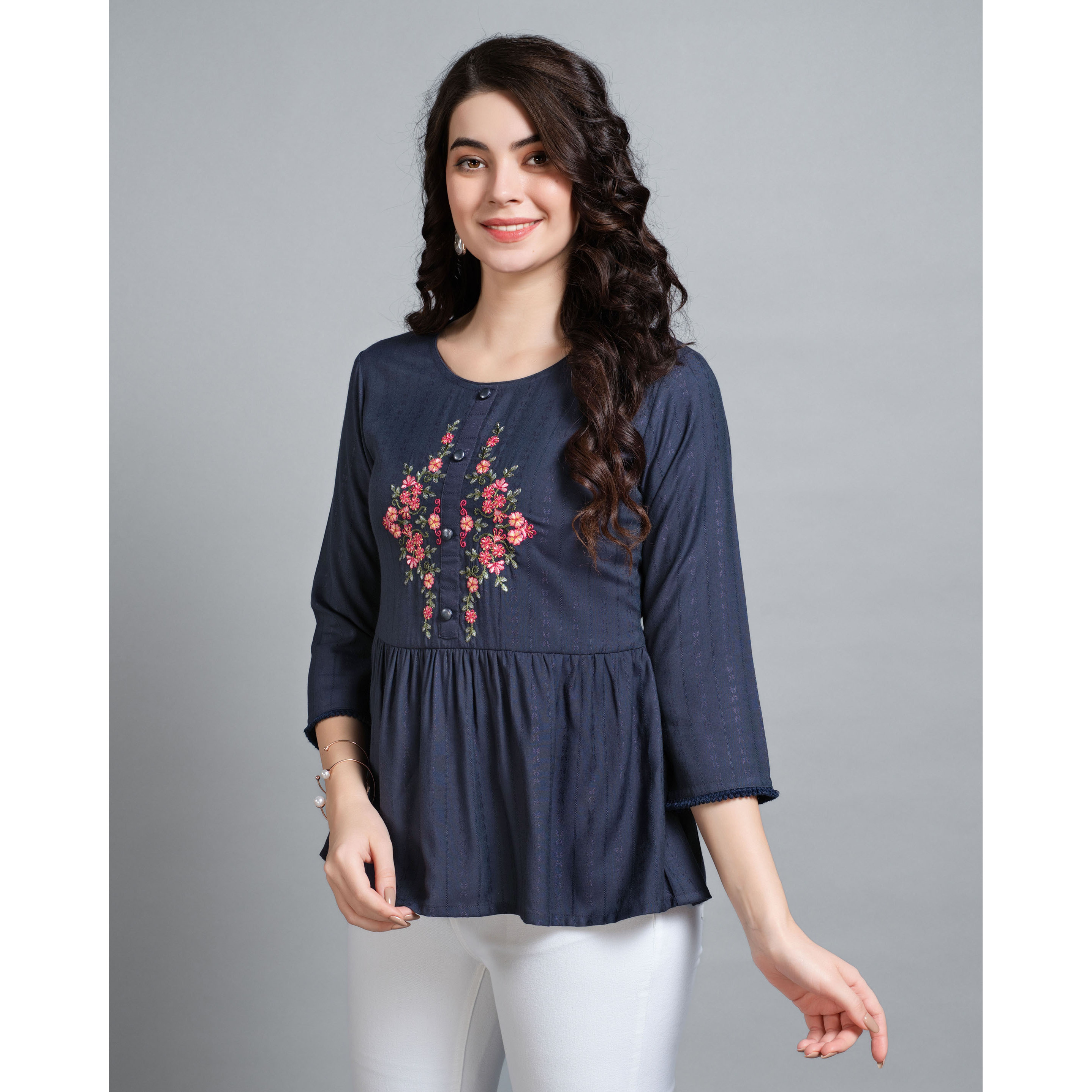 MOJILAA Women's Navy Blue Pure Viscose Rayon Floral Embroidered Peplum Top (Size S, Color Navy Blue)