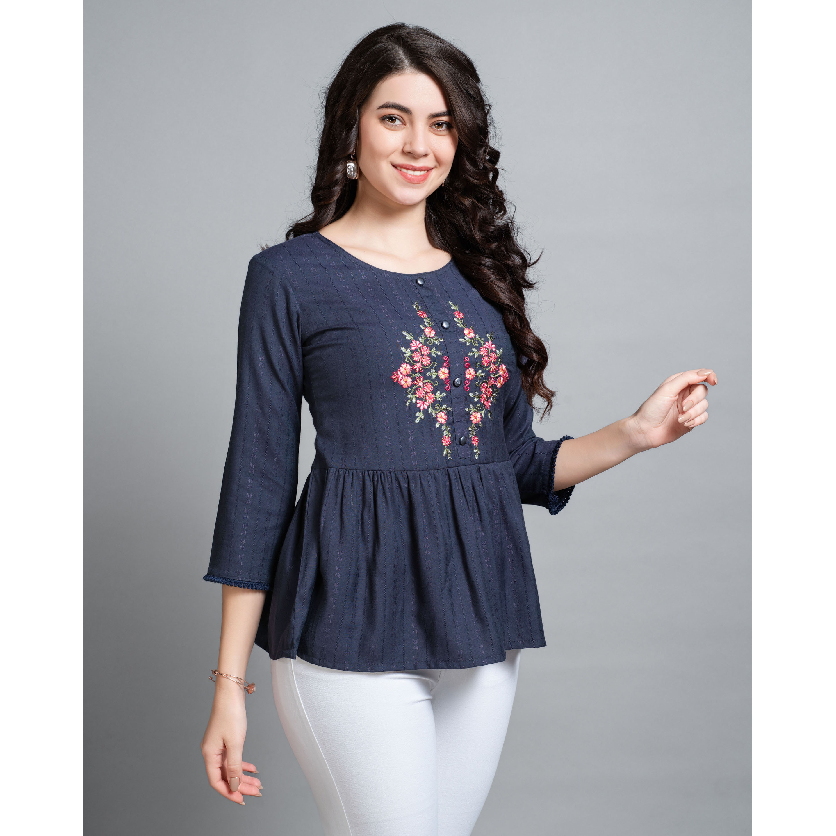 MOJILAA Women's Navy Blue Pure Viscose Rayon Floral Embroidered Peplum Top (Size S, Color Navy Blue)