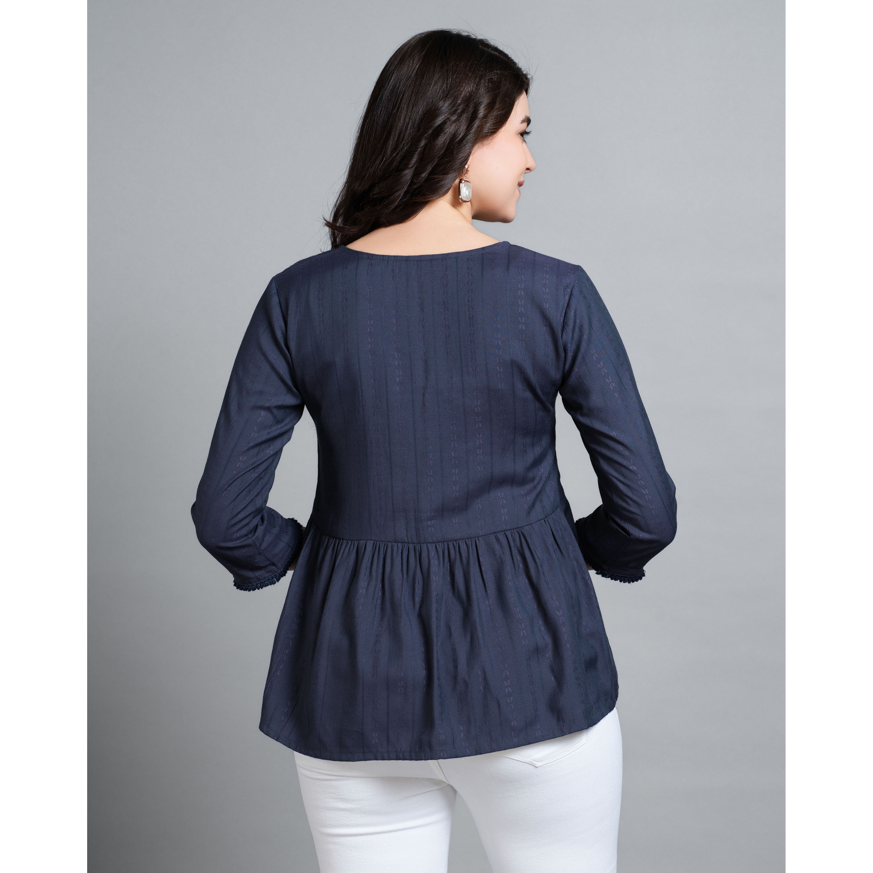 MOJILAA Women's Navy Blue Pure Viscose Rayon Floral Embroidered Peplum Top (Size S, Color Navy Blue)