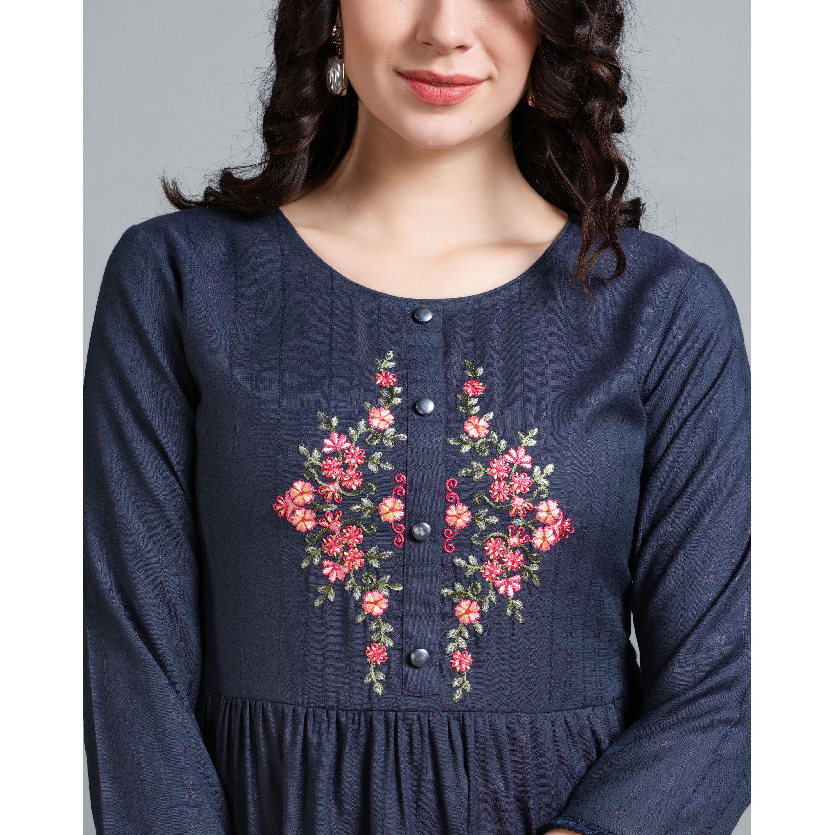 MOJILAA Women's Navy Blue Pure Viscose Rayon Floral Embroidered Peplum Top (Size S, Color Navy Blue)