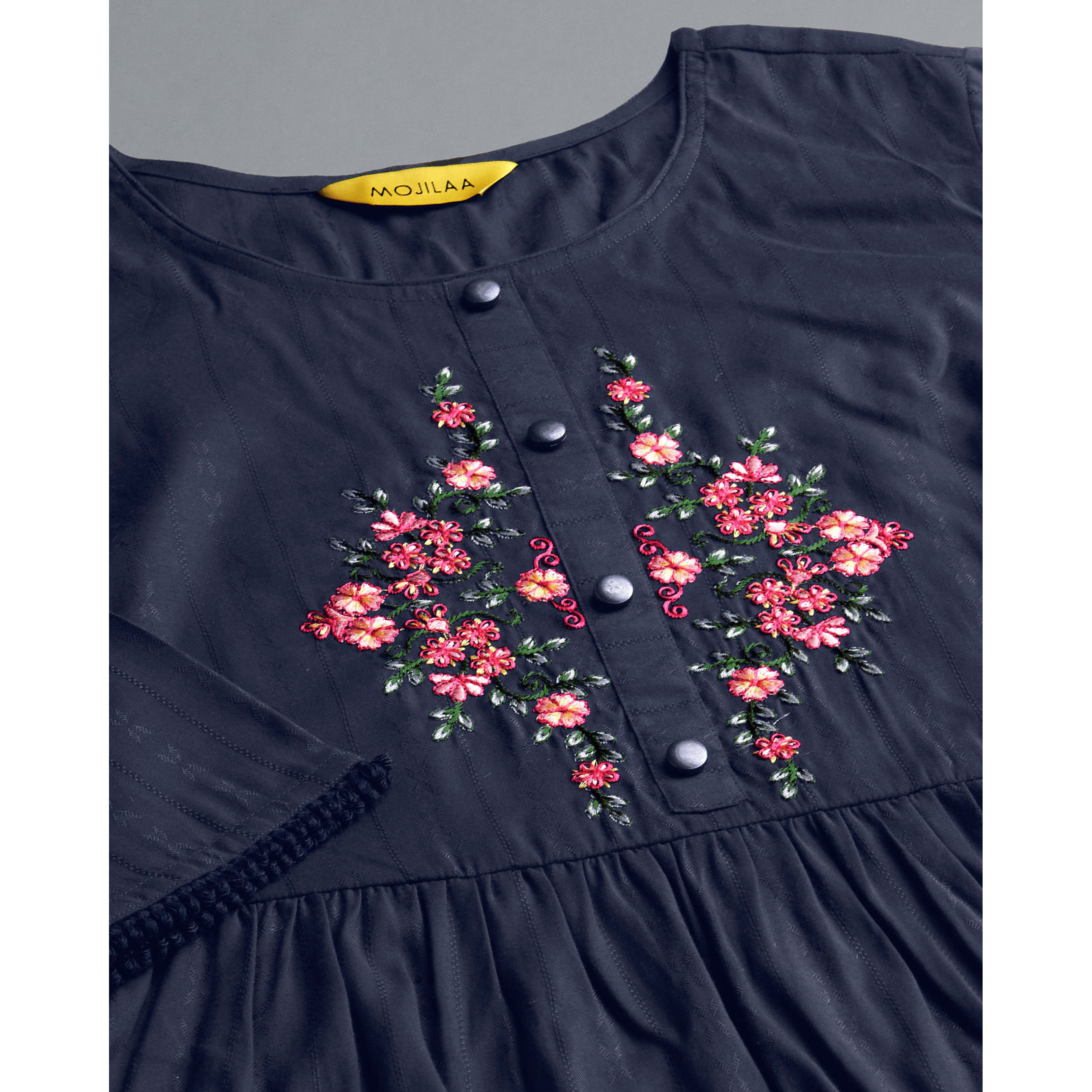 MOJILAA Women's Navy Blue Pure Viscose Rayon Floral Embroidered Peplum Top (Size S, Color Navy Blue)
