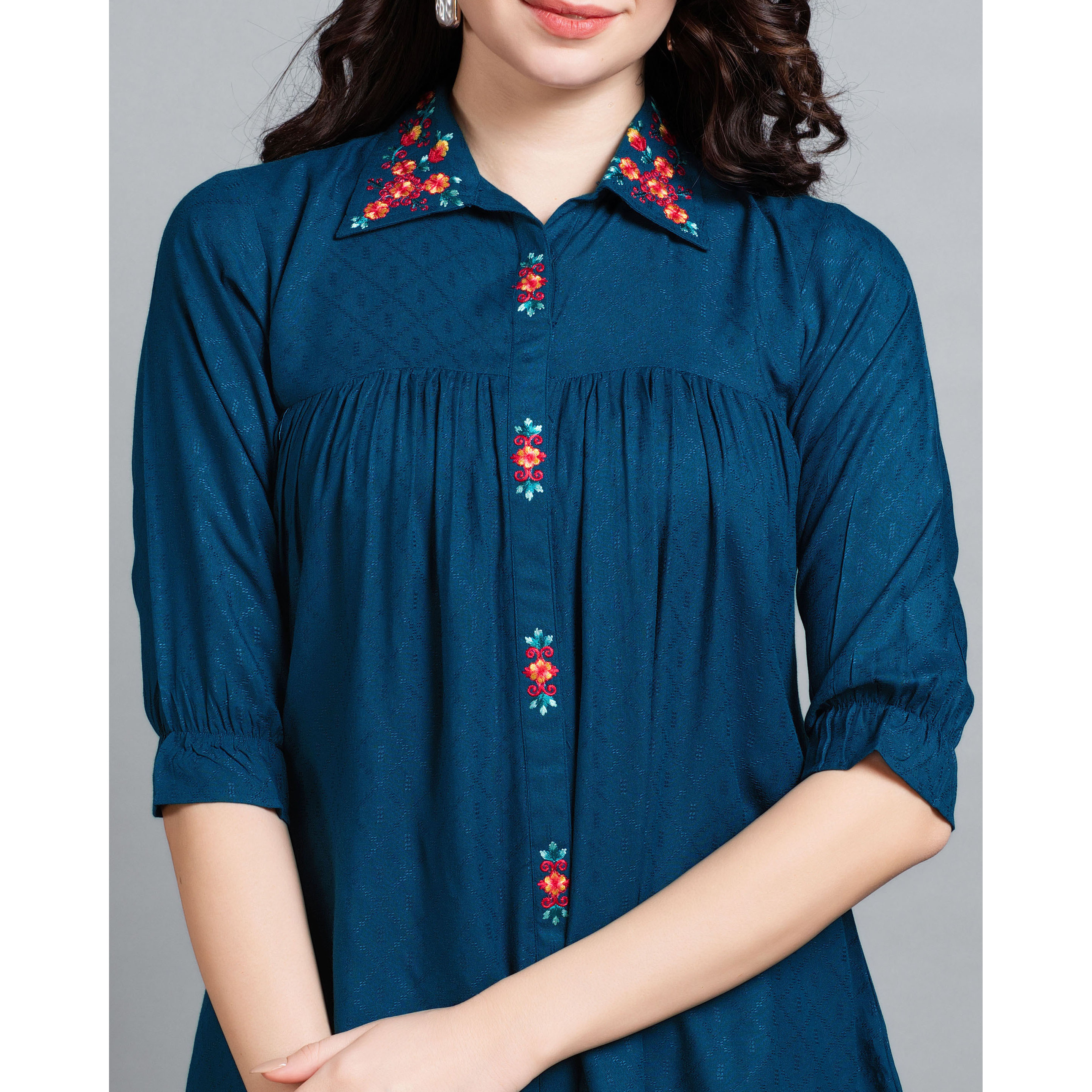 MOJILAA Women's Teal Pure Viscose Rayon Floral Embroidered Shirt Style Top (Size S, Color Teal)