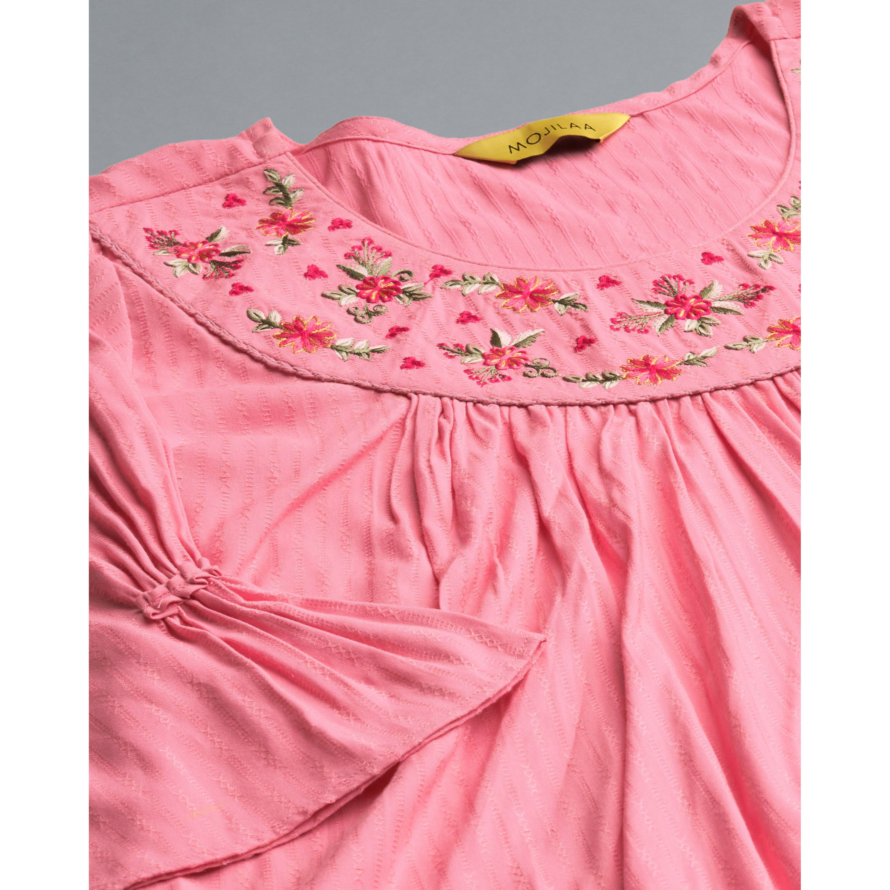 MOJILAA Women's Peach Pure Viscose Rayon Floral Embroidered A-line Top (Size S, Color Peach)