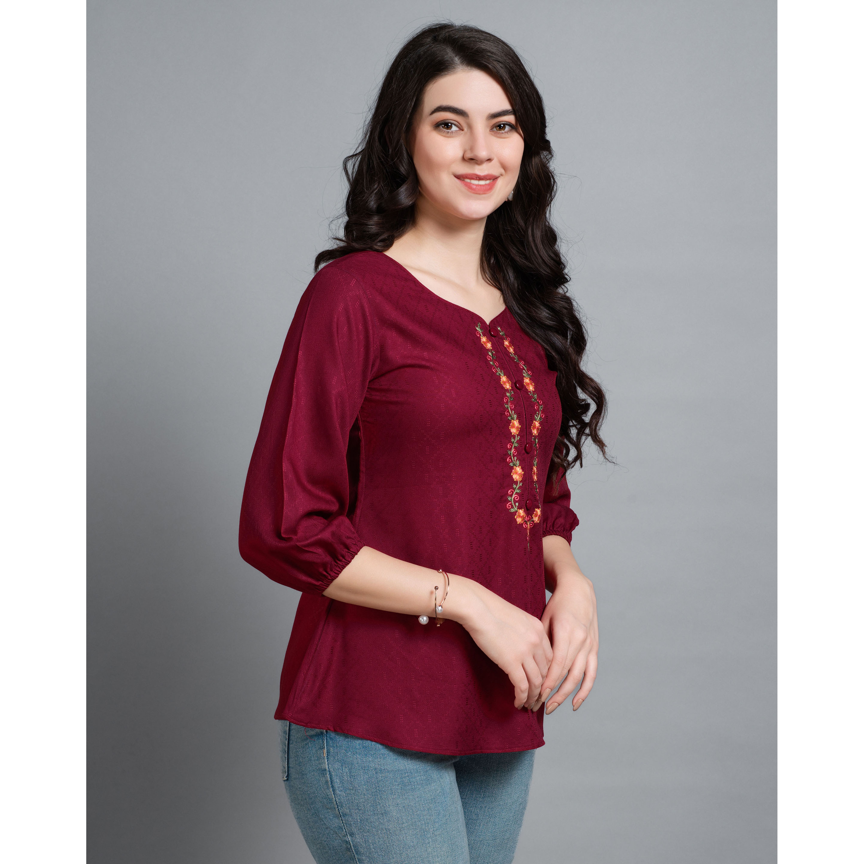 MOJILAA Women's Maroon Pure Viscose Rayon Floral Embroidered A-line Top (Size S, Color Maroon)