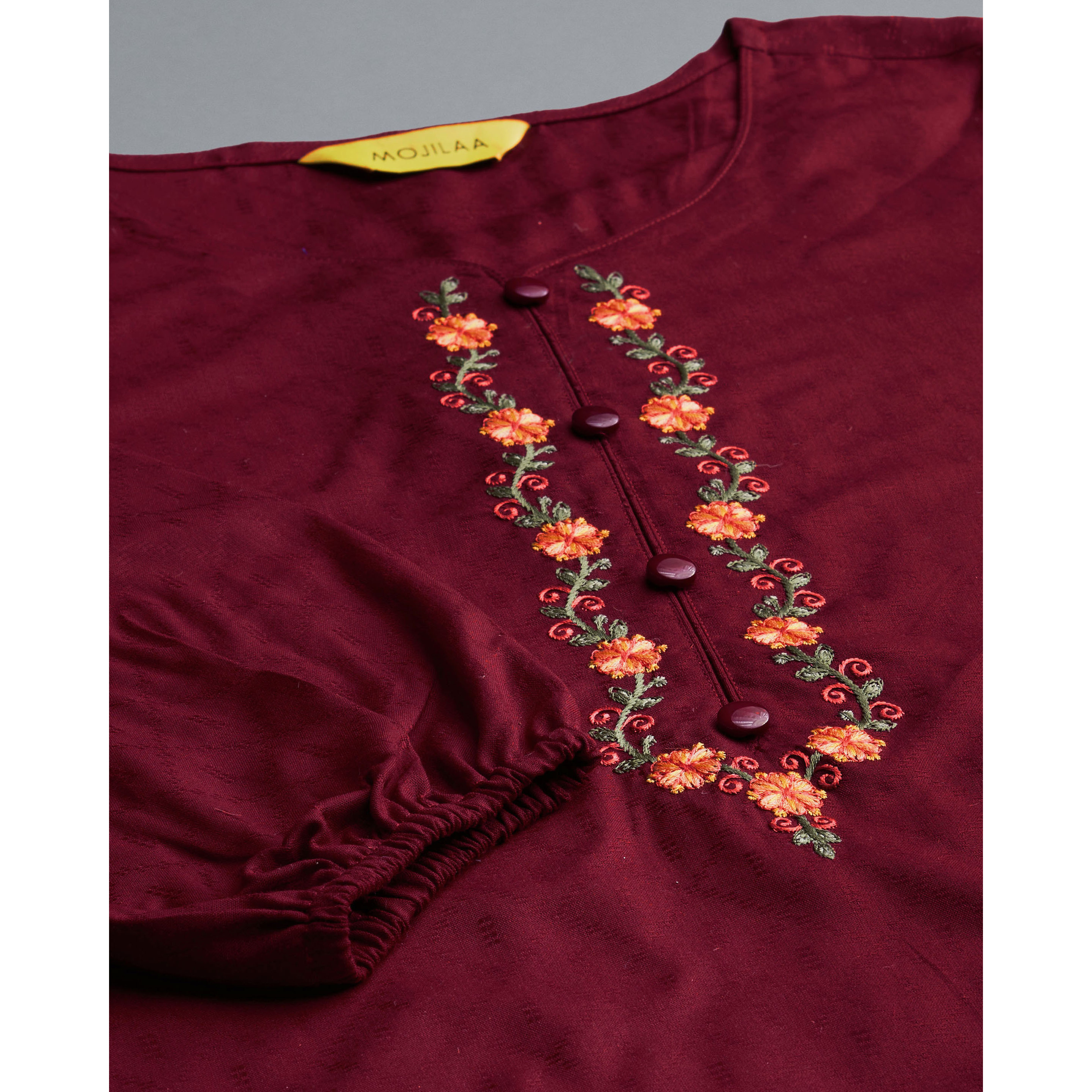 MOJILAA Women's Maroon Pure Viscose Rayon Floral Embroidered A-line Top (Size S, Color Maroon)