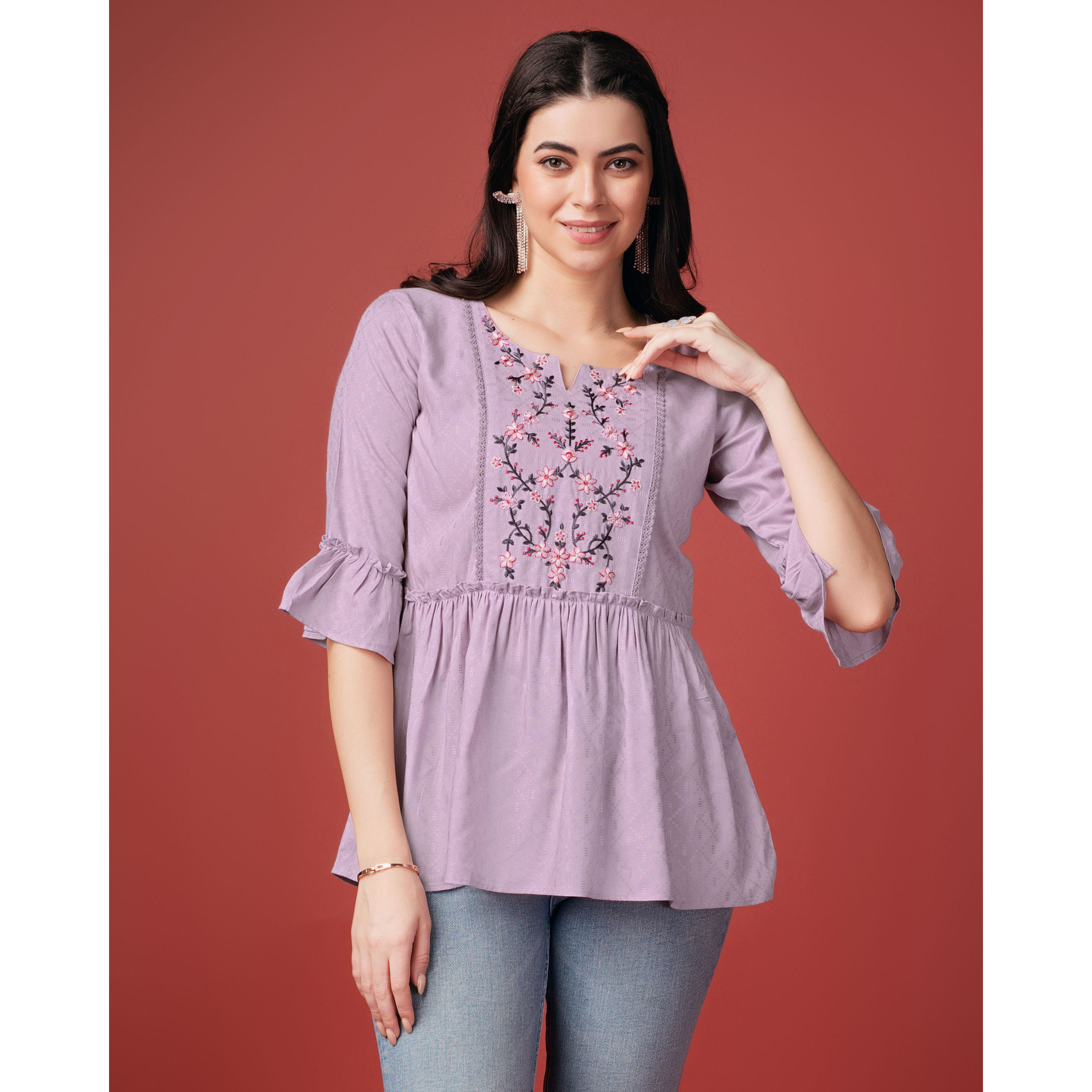 MOJILAA Women's Mauve Pure Viscose Rayon Floral Embroidered Peplum Top