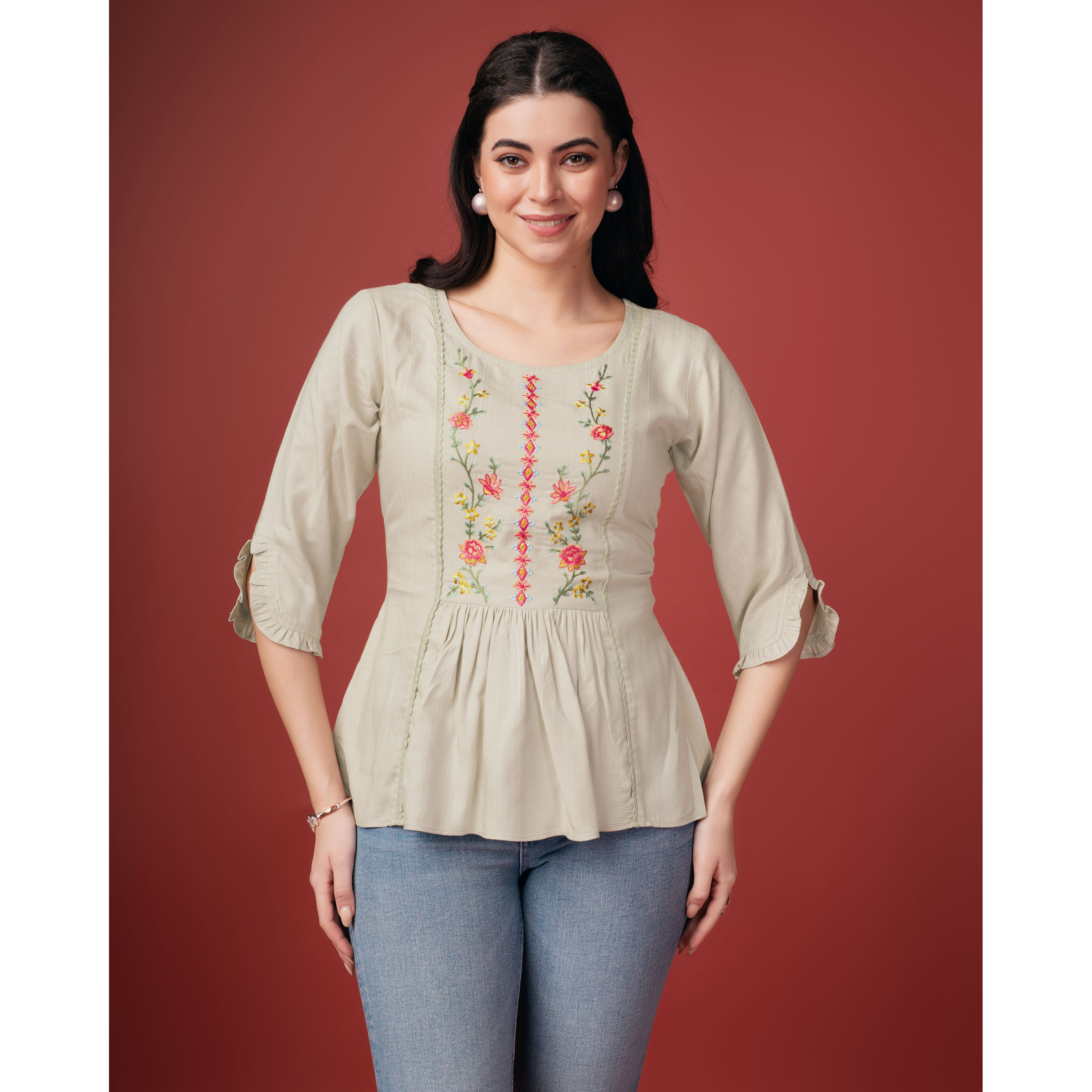 MOJILAA Women's Khaki Pure Viscose Rayon Floral Embroidered A-line Top