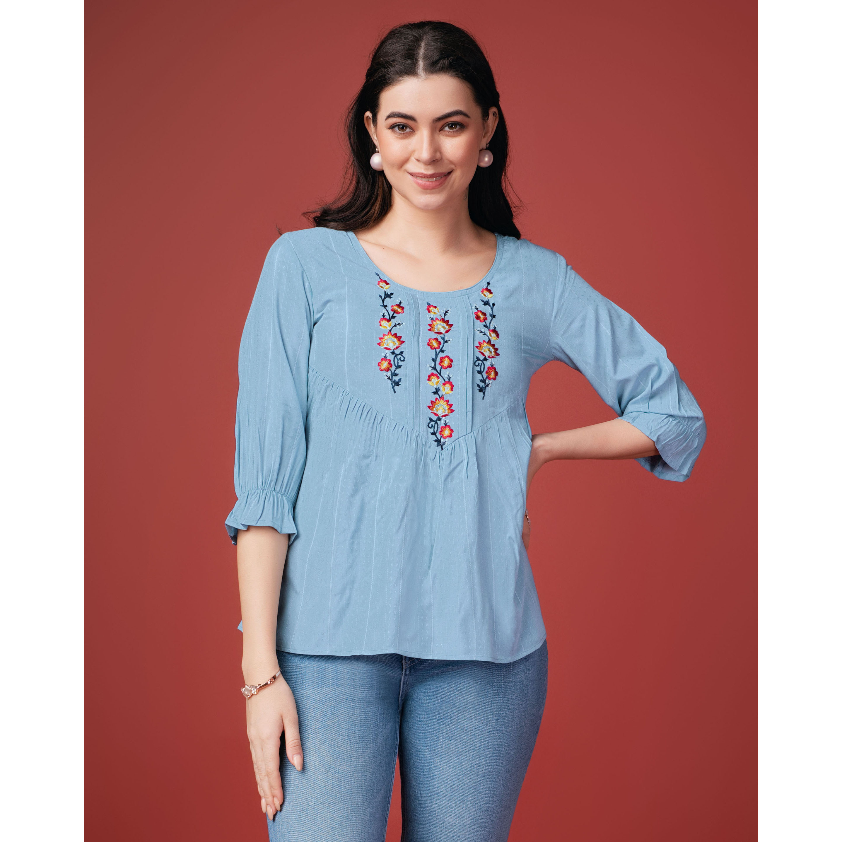 MOJILAA Women's Sky Blue Pure Viscose Rayon Floral Embroidered A-line Top