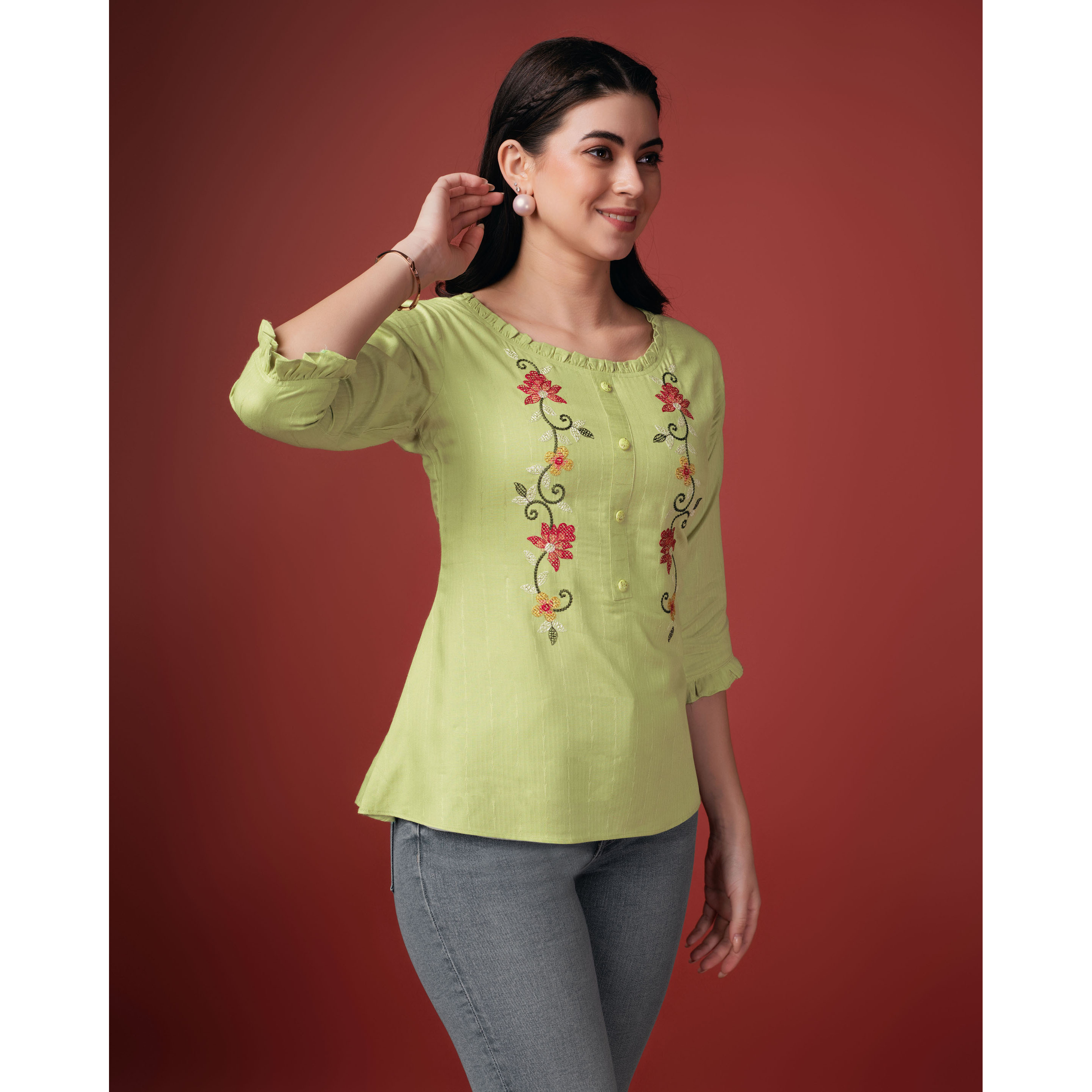 MOJILAA Women's Lime Green Pure Viscose Rayon Floral Embroidered A-line Top (Size S, Color Lime Green)