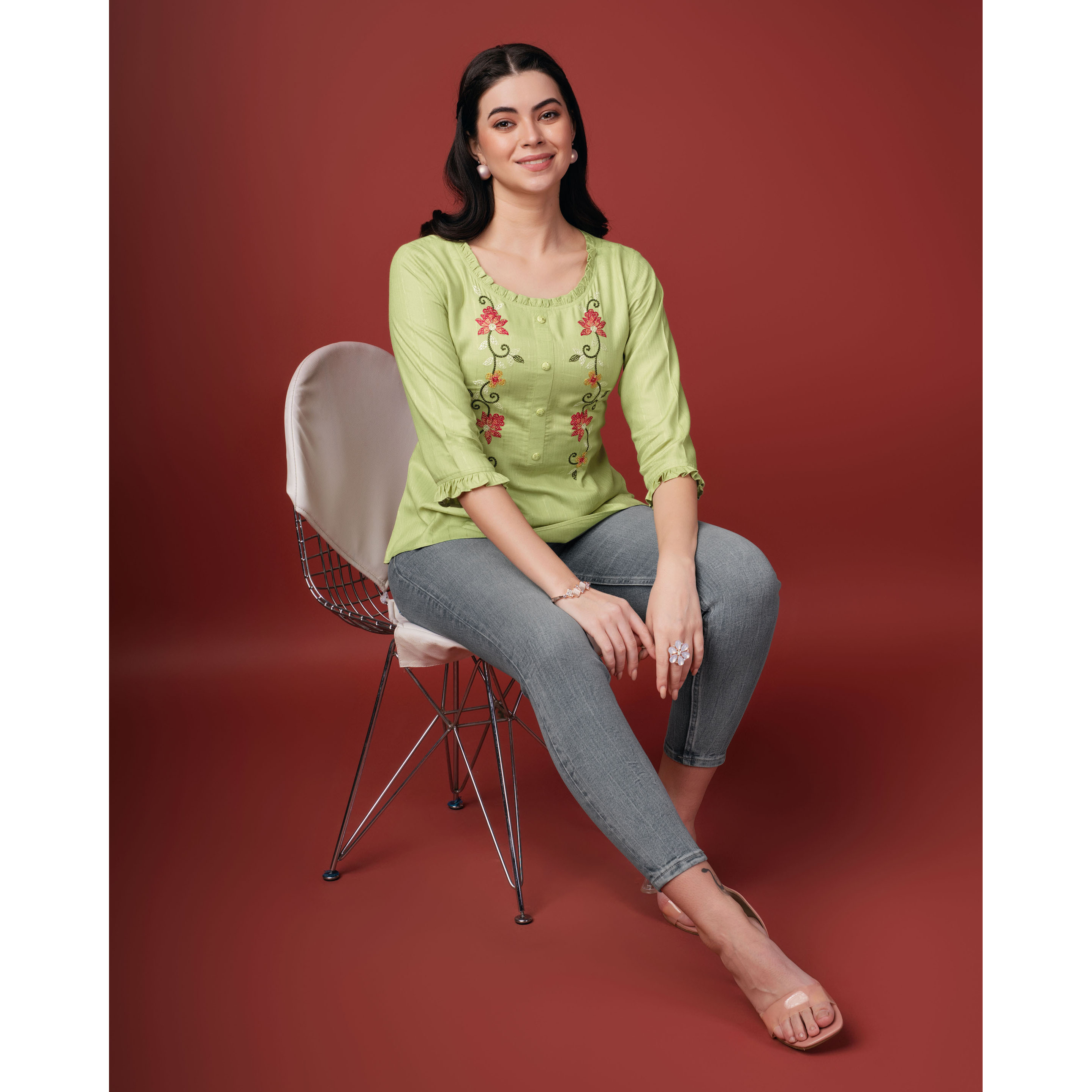 MOJILAA Women's Lime Green Pure Viscose Rayon Floral Embroidered A-line Top (Size S, Color Lime Green)
