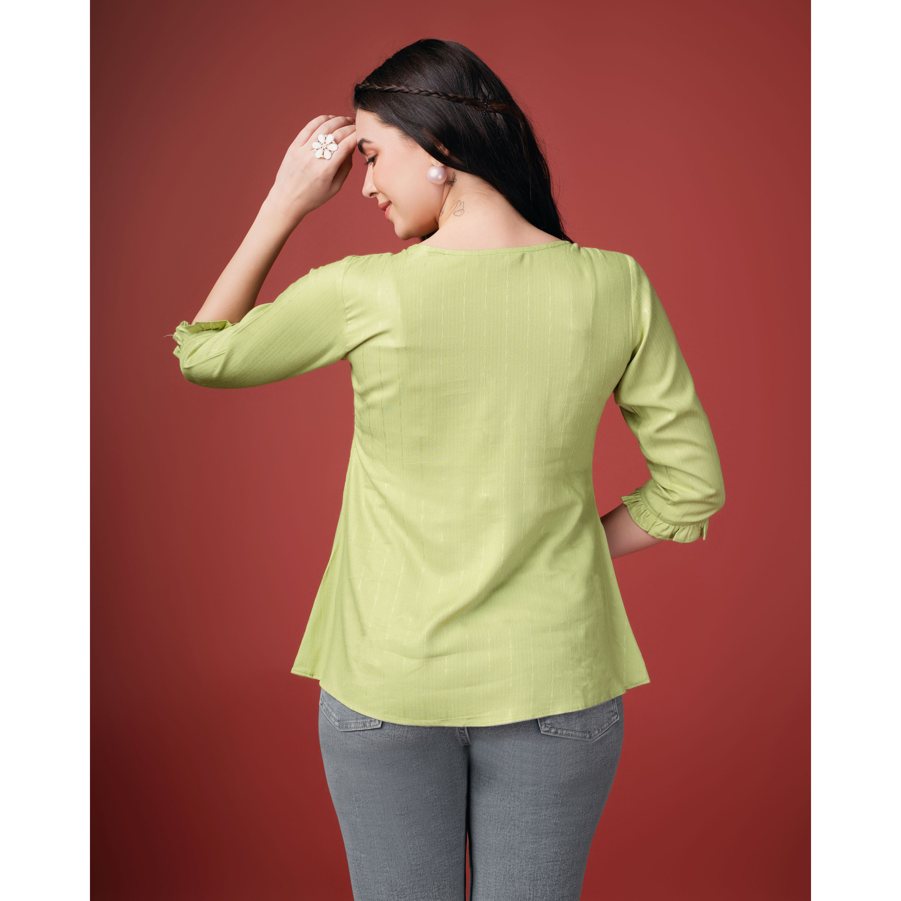 MOJILAA Women's Lime Green Pure Viscose Rayon Floral Embroidered A-line Top (Size S, Color Lime Green)