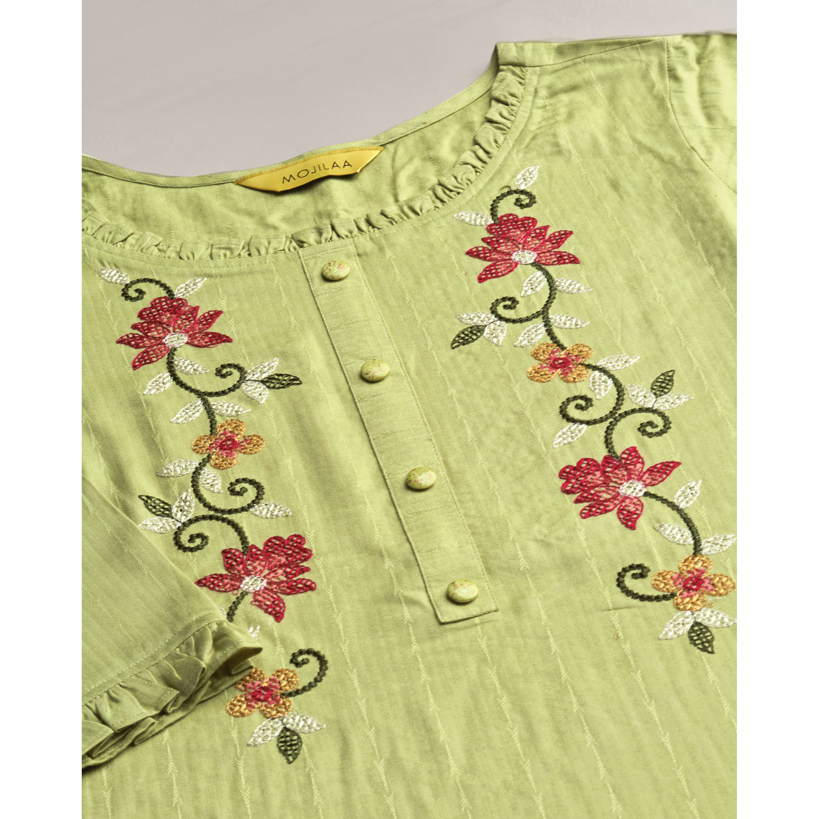 MOJILAA Women's Lime Green Pure Viscose Rayon Floral Embroidered A-line Top (Size S, Color Lime Green)