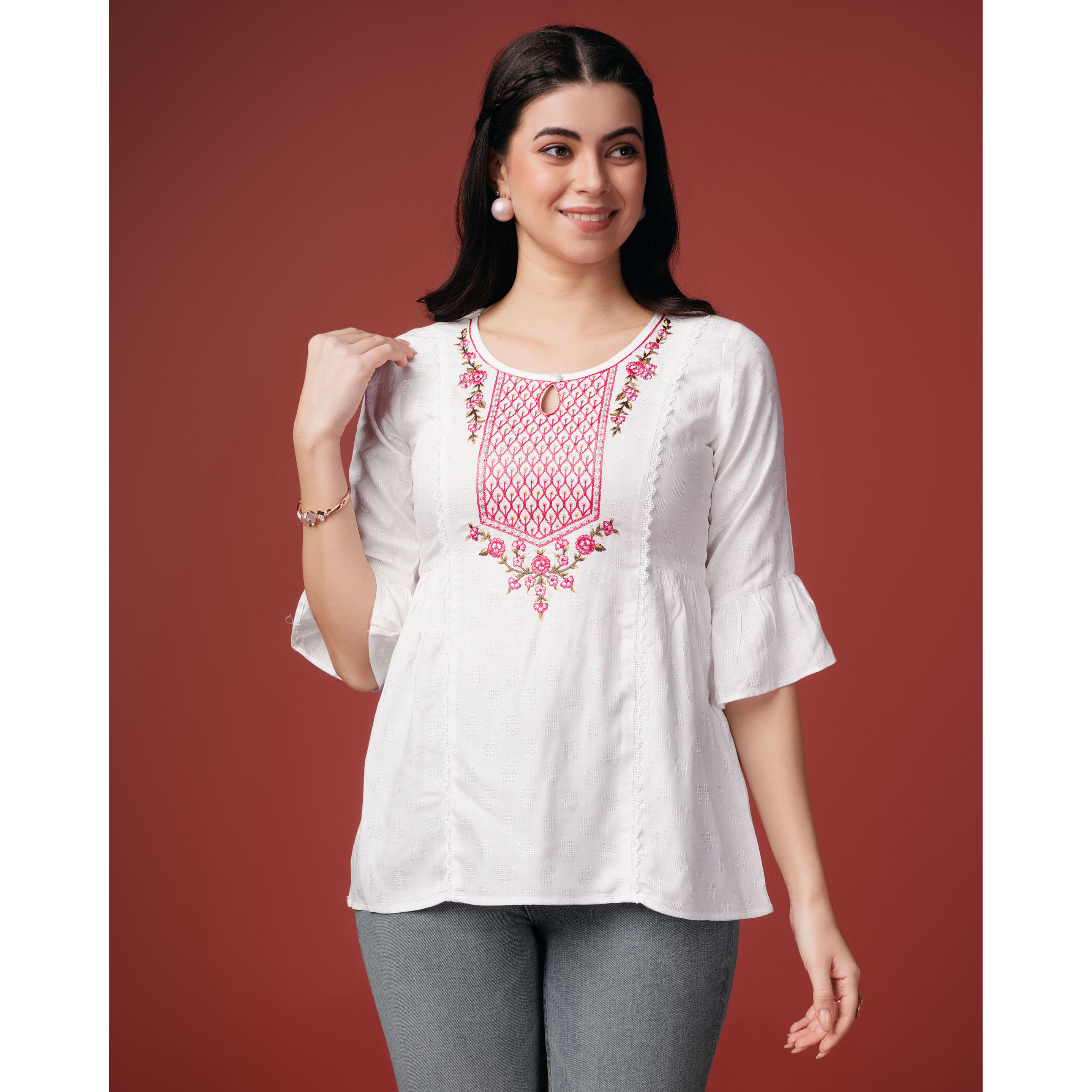 MOJILAA Women's White Pure Viscose Rayon Floral Embroidered A-line Top (Size S, Color White)