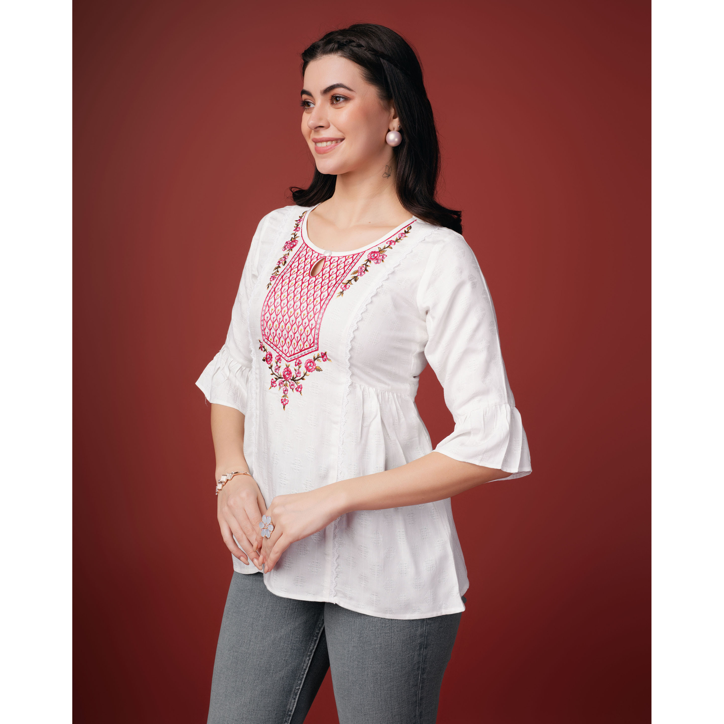 MOJILAA Women's White Pure Viscose Rayon Floral Embroidered A-line Top (Size S, Color White)