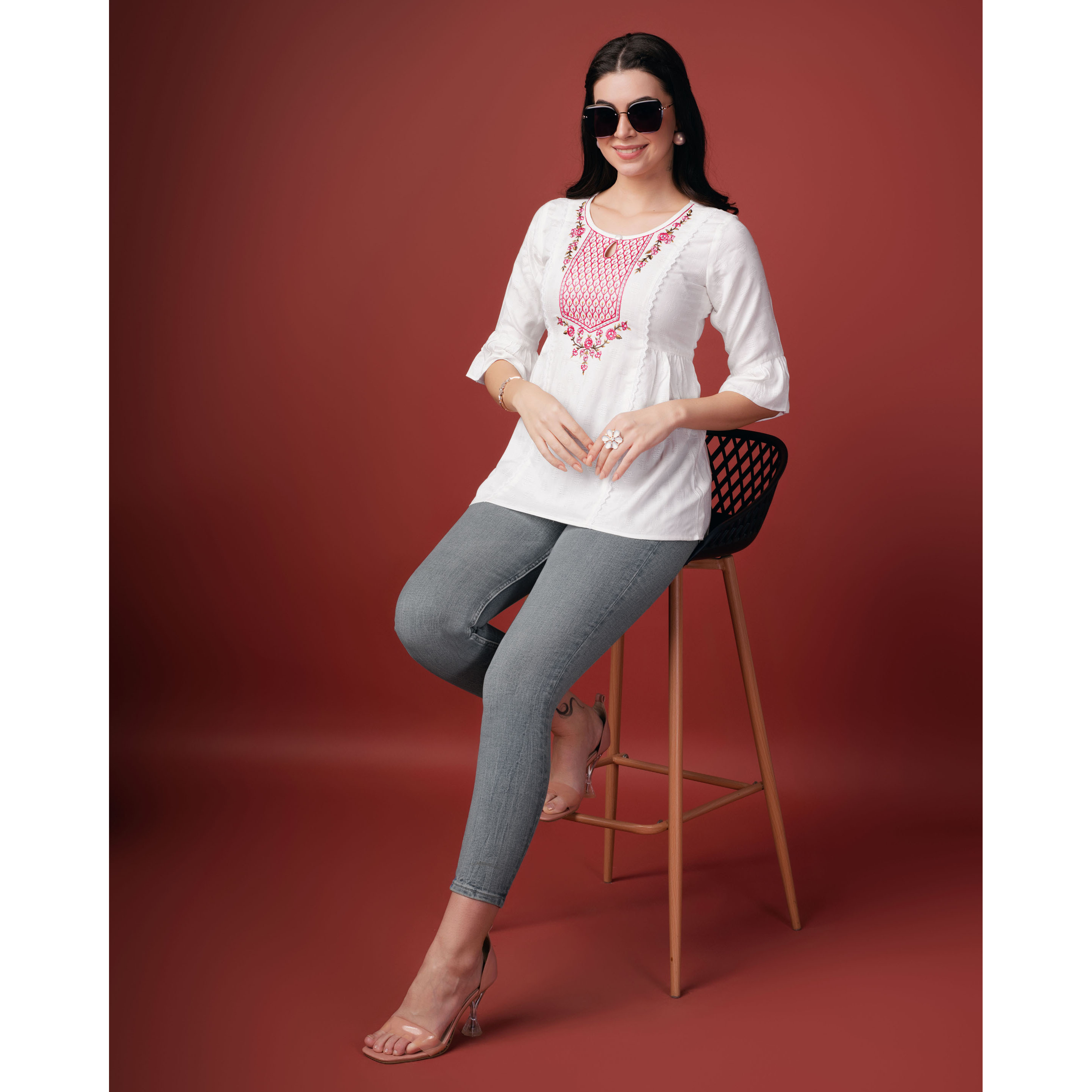 MOJILAA Women's White Pure Viscose Rayon Floral Embroidered A-line Top (Size S, Color White)