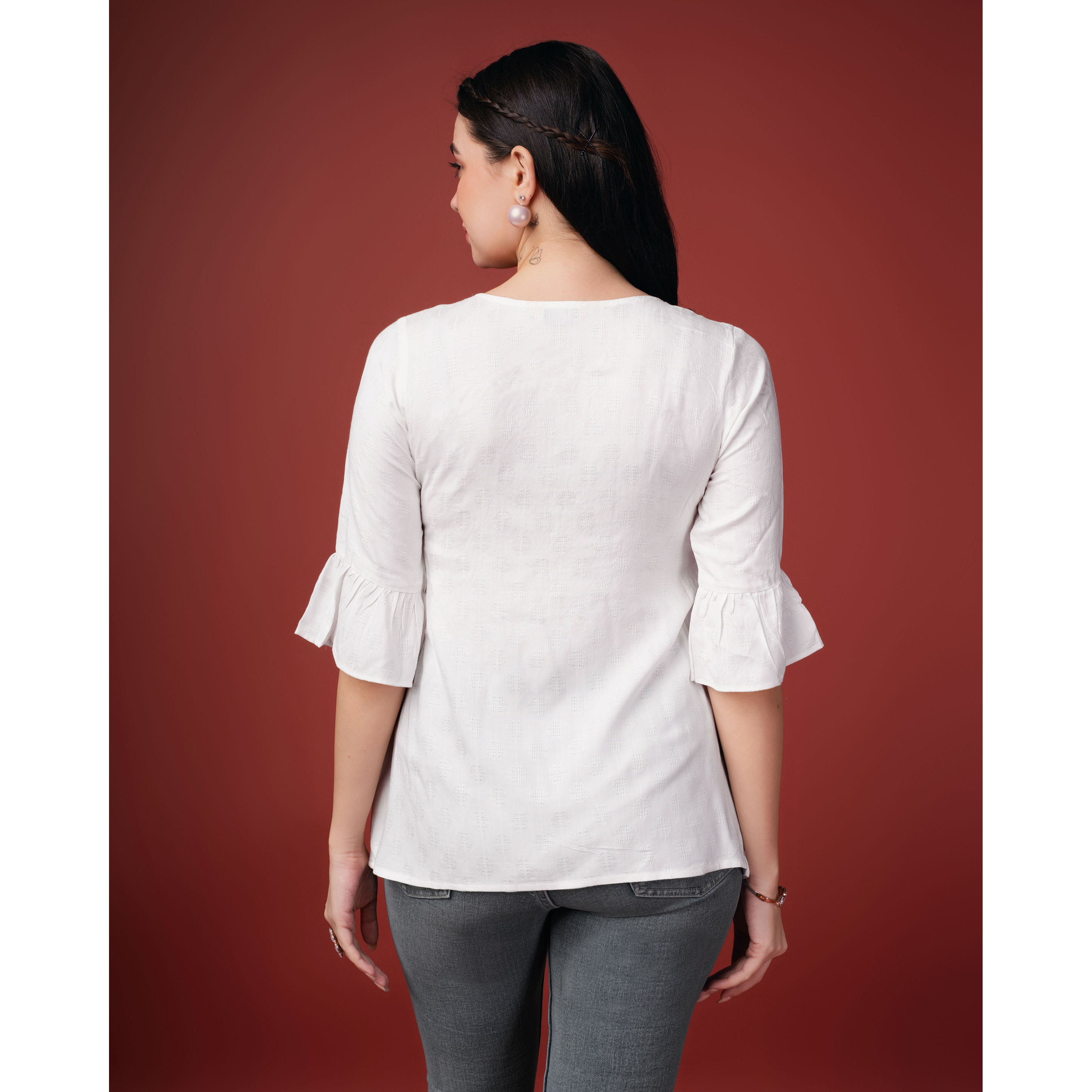 MOJILAA Women's White Pure Viscose Rayon Floral Embroidered A-line Top (Size S, Color White)