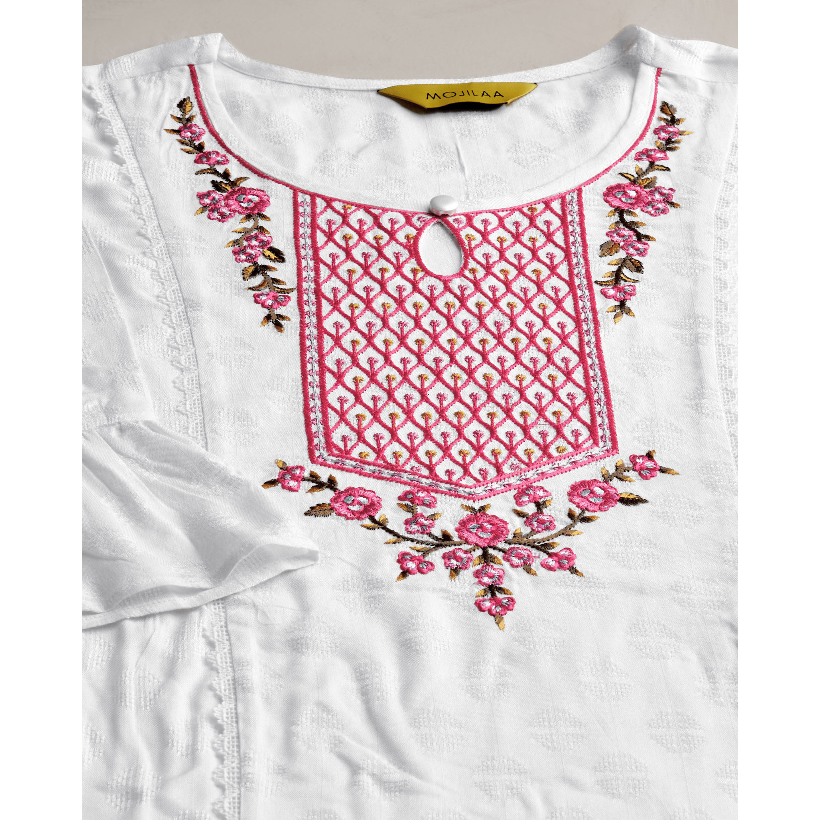 MOJILAA Women's White Pure Viscose Rayon Floral Embroidered A-line Top (Size S, Color White)