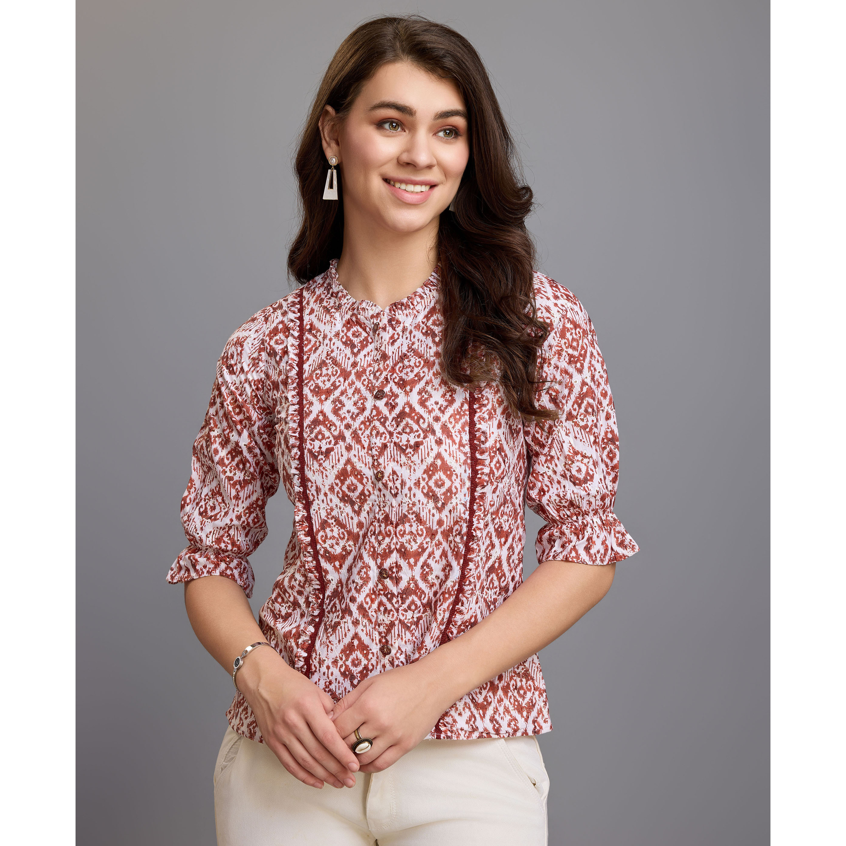 MOJILAA Women's Brown Pure Cotton Blend Ikat Bored Schiffli Embroidered A-line Top